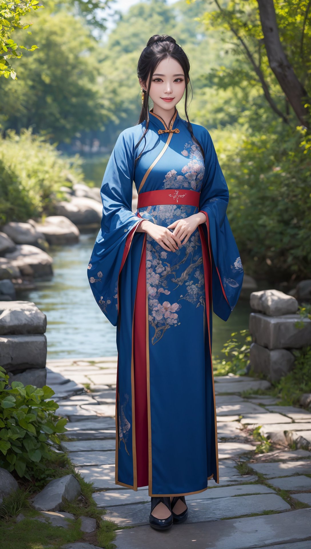 (best quality:1.4),(masterpiece:1.4),(8K:1.4),(extremely detailed:1.4),(Beautiful and detailed face:1.2),(full body:1.2),1girl,solo,looking at viewer,arms at sides,smile,(Extremely detailed chinese clothes:1.2),hanfu,architecture,east asian,riverside,forest,