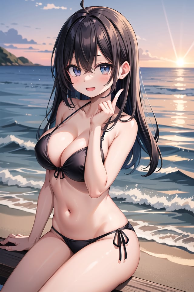insanely detailed, absurdres, ultra-highres, ultra-detailed, best quality,1girl, solo, nice hands, perfect handsBREAK(pastel colored bikini:1.3)BREAKhappy smile, laugh, open mouth,sitting on beach, seductive pose, cowboy shotBREAKslender, kawaii, perfect symmetrical face, ultra cute girl, ultra cute face, ultra detailed eyes, ultra detailed hair, ultra cute, ultra beautifulBREAKEvening sea Capture the mesmerizing beauty of the ocean as the sun sets, painting the sky with warm hues, depth of field, ultra detailed backgroundBREAKmedium breasts, cleavage, extremely detailed navelBREAKrainbow color hair, multiple color hair, rainbow color eyes, spiked hair, hair between eyes