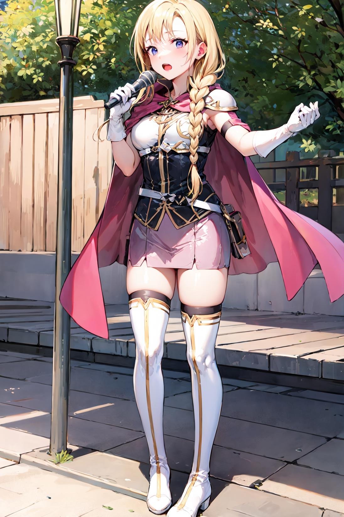 Standing with one arm raised,face only,singing, <lora:louiseV1:0.8>,def_louise,blonde hair,  zettai ryouiki, gloves, thighhighs,  boots, cape, thigh boots, elbow gloves,white footwear, shoulder armor,belt, skirt, asymmetrical gloves, short dress, breastplate, white gloves, dress,outdoors,(masterpiece, best quality, ultra-detailed, best shadow) , 