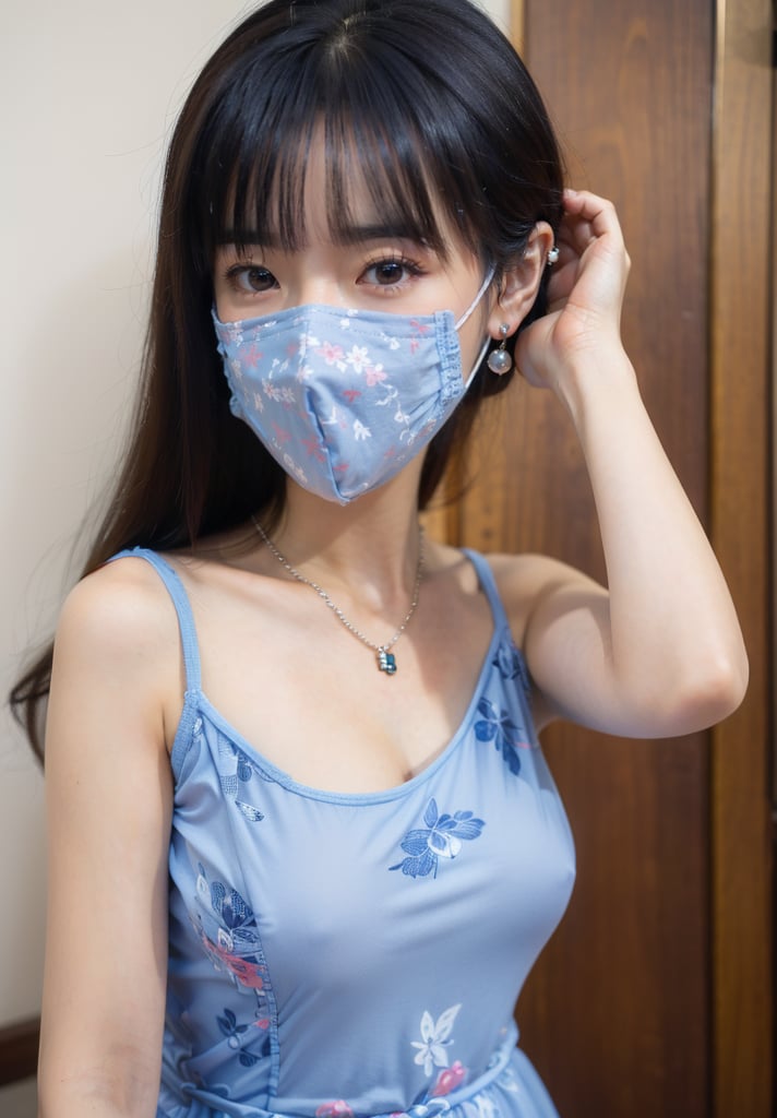 (best quality, masterpiece:1.3),1girl,jinyu.1girl,solo,big breasts,cleavage,narrow_waist,slender,pale_skin,long hair,straight_hair,(masks:1.2),(mouth_mask:1.3),china_dress,print_cheongsam,color contact lenses,mole under eye,nail_art,portrait,(stud earrings:1.2),(front view:1.2),(looking_at_viewer:1.4),(eye-contact:1.4),pendant,necklace,sweater,dress,The whole body, <lora:半透浅蓝色情趣旗袍风:1>