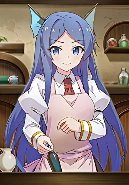 <lora:Killing_Slimes_300_Yrs_Max_Level:1>, Vania, solo, looking at viewer, smile, shirt, long sleeves, holding, very long hair, closed mouth, white shirt, upper body, sidelocks, necktie, horns, puffy sleeves, collared shirt, indoors, apron, cup, v-shaped eyebrows, parody, bottle, fire, juliet sleeves, red necktie, dragon girl, holding bottle, cooking, pink apron