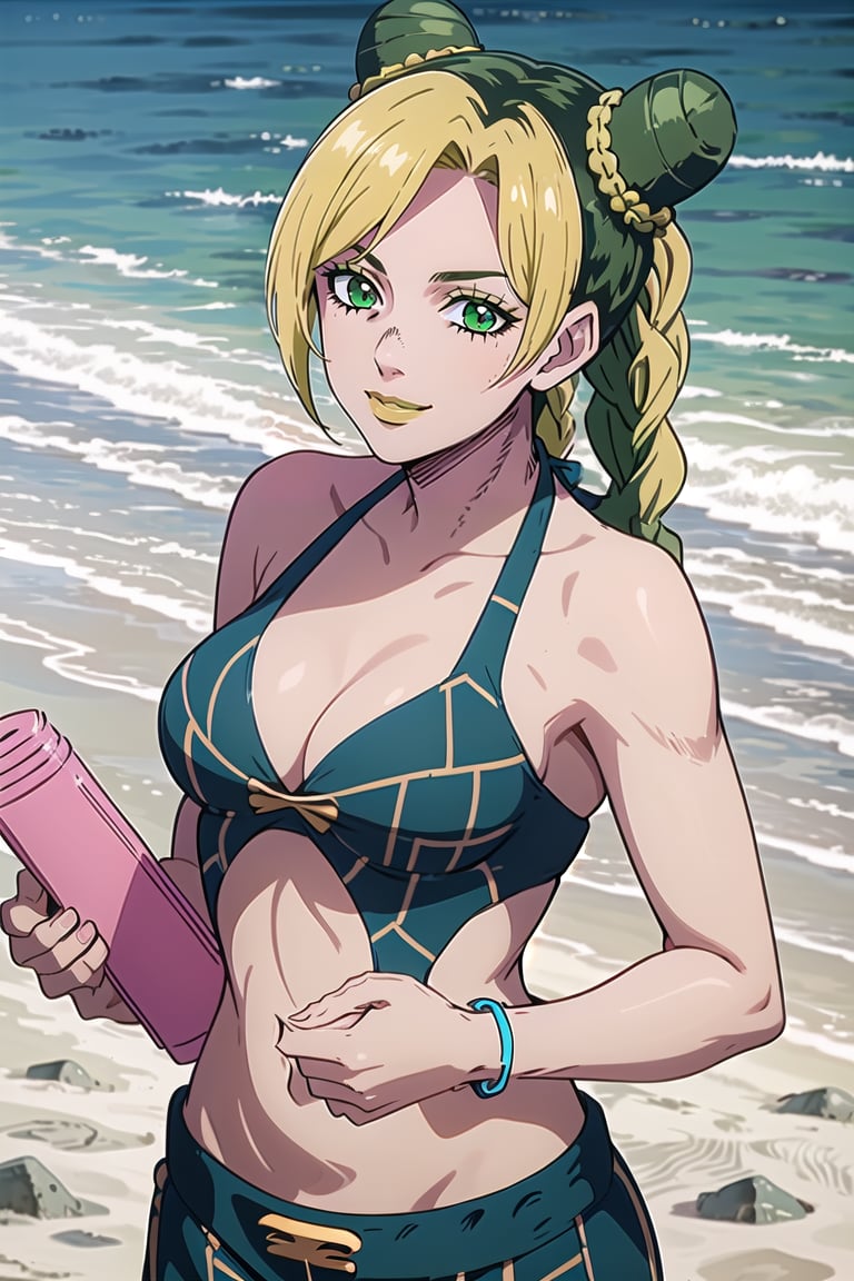 jolyne,  1girl,  solo,  blonde hair,  black hair,  jewelry,  green hair,  detailed,  BREAK /sunny/,  braided ponytail,  green eyes,  smile,  beach,  alternate costume,  alternate outfit,  bikini,  breasts,<lora:EMS-260993-EMS:0.800000>