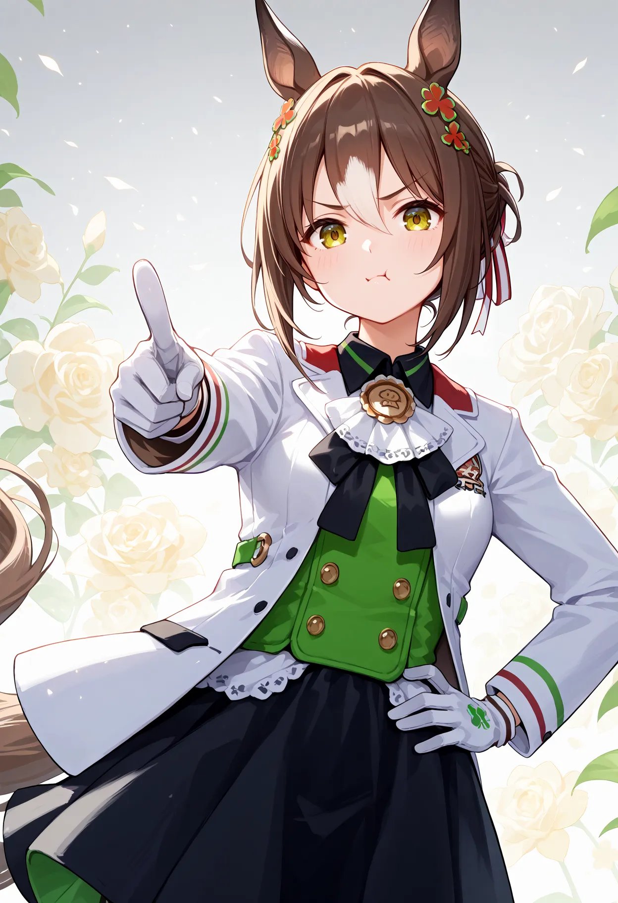 score_9, score_8_up, score_7_up, BREAK, best quality, masterpiece, very aesthetic, ultra detailed,very detailed background,,zPDXL3,FIne_M,FM_Race, 1girl, solo,  brown hair, hair ornament, gloves,white jacket,  horse ears, horse tail, black  skirt,<lyco:Fine_M-ponyXL_locon:0.95>pout,hand on hip,(pointing at viewer:1.2),indoor