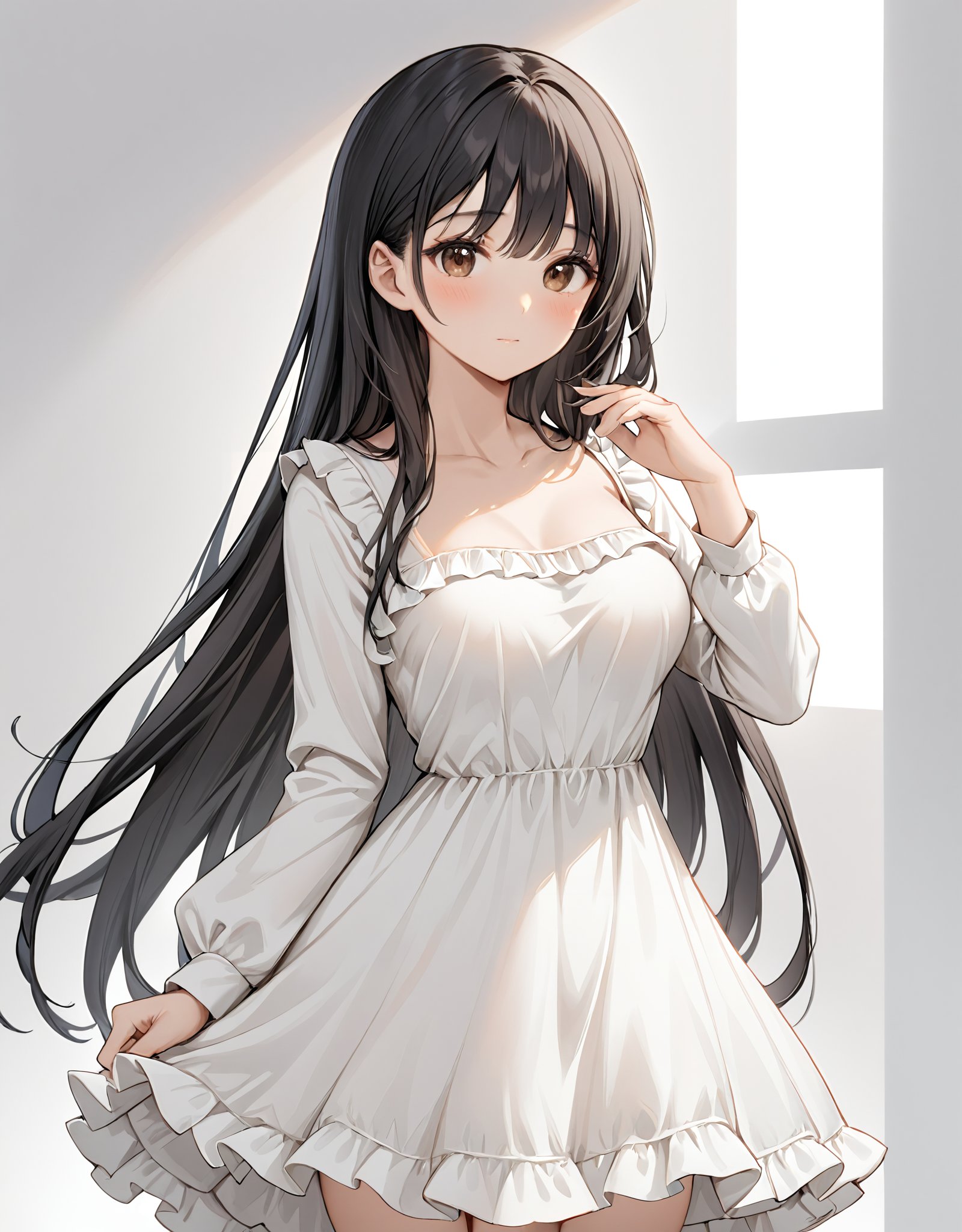 highres,best quality, 1girl, black hair, blush, breasts, brown eyes, closed mouth, collarbone, cowboy shot, dress, frilled dress, frills, hand up, holding, long hair, long sleeves, looking at viewer, medium breasts, solo, very long hair, white dress