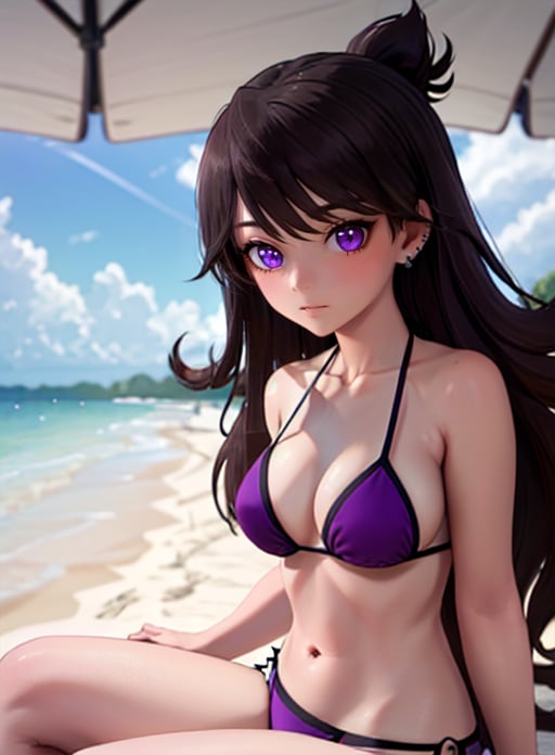 best quality, (masterpiece),(ultra-detailed), (high quality), (high resolution), <lora:jaidenvt-10:0.7> ,long hair , brown hair, purple eyes, earrings, piercing, bangs,jaiden, jewelry, bikini, beach,sitting, 