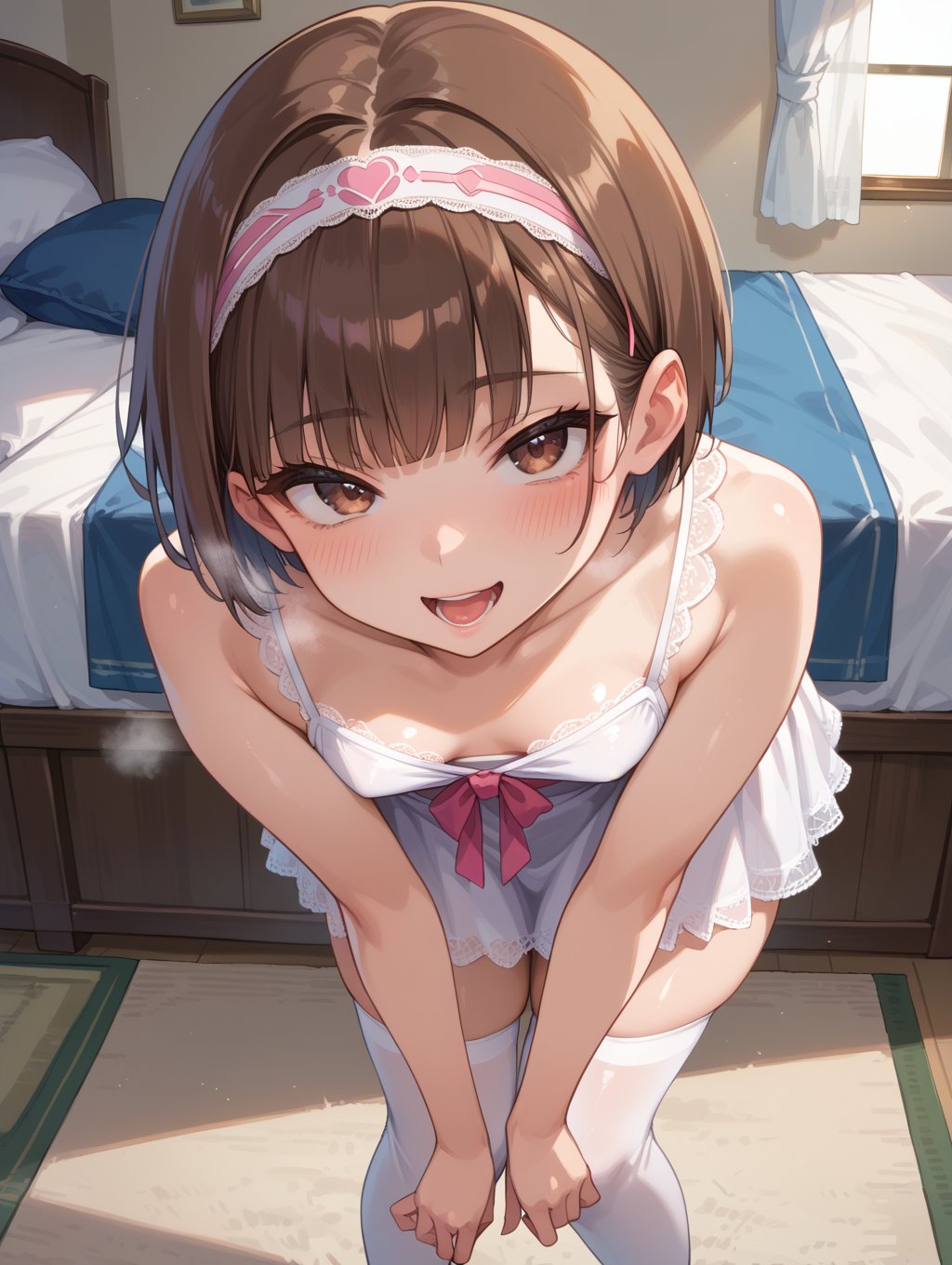 score_9, score_8_up, score_7_up,source_anime,1girl, brown eyes, himecut, brown hair, looking at viewer, leaning forward, blush, naughty face, small breasts, snatched waist, thick thighs, shiny skin, breath, open mouth, from above, pink light dress, white lace skirt, bottomless, white stockings, headband, indoor, bedroom,