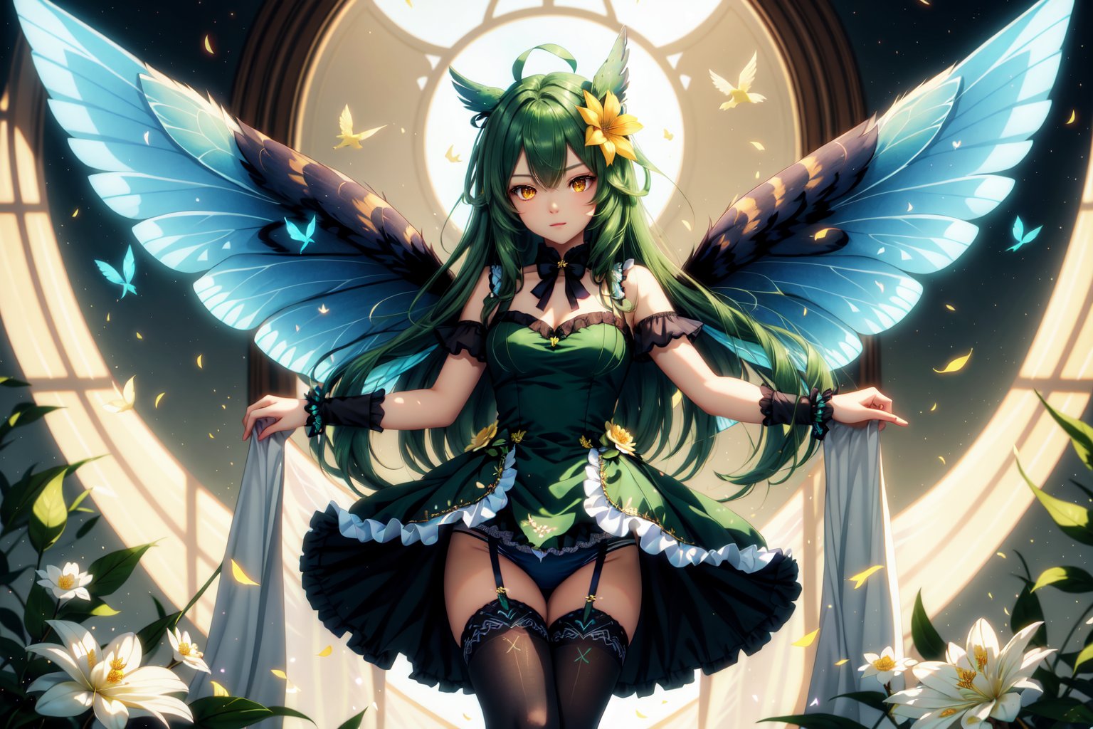 FeoDusk, 1girl, solo, long hair, hair flower, fairy wings, hair ornament, thighhighs, dress, ribbon, underwear, panties, hair ribbon, yellow eyes, flower, frills, see-through, bird, owl, <lora:FaeConceptV2:0.6>