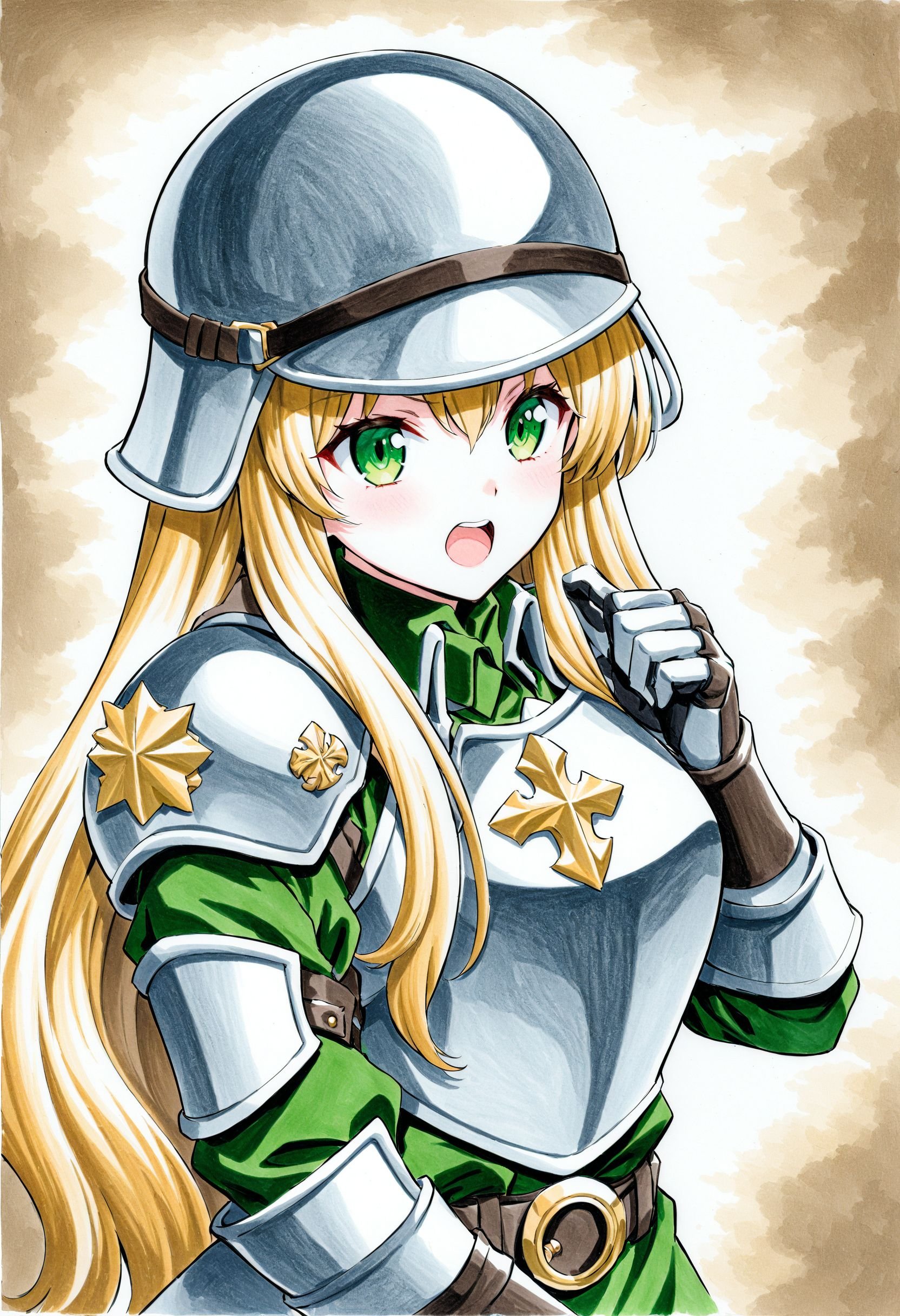 1girl,    shoulder pads, long hair, military, jewelry, green eyes, uniform, marker \(medium\), open mouth, simple background, breastplate, brodie helmet, crossover, blonde hair, traditional media, armor, helmet, military uniform, solo, full armor, masterpiece, best quality, absurdres, safe