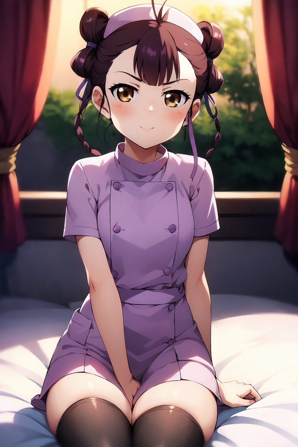 HDR,UHD,best quality,Highly detailed,masterpiece,Professional,<lora:dongfangqinlan-000001:1>,loli,purple hair,dongfangqinlan,1girl,solo,looking at viewer,braid,blush,ribbon,twintails,brown eyes,hair ribbon,hair bun,double bun,antenna hair,nurse,black_thighhighs,