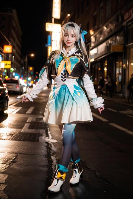 best quality,masterpiece,realistic,photorealistic,1girl,solo,smile,looking at viewer,walking,full body,firefly cosplay costume,cosplay,long hair,white hair,dress,cropped jacket,capelet,shirt,skirt,long sleeves,frilled sleeves,bow,neckerchief,ribbon,fingerless gloves,hairband,hair bow,hair ornament,gradient legwear,gradient pantyhose,ankle boots,boots,street,night,neon lights,people,billboard,detail background,<lora:Honkai_StarRail_Firefly_costplay_costume_v1:0.7>,<lora:Background_Detail_v3:1>,<lora:background & distence control:-1>,