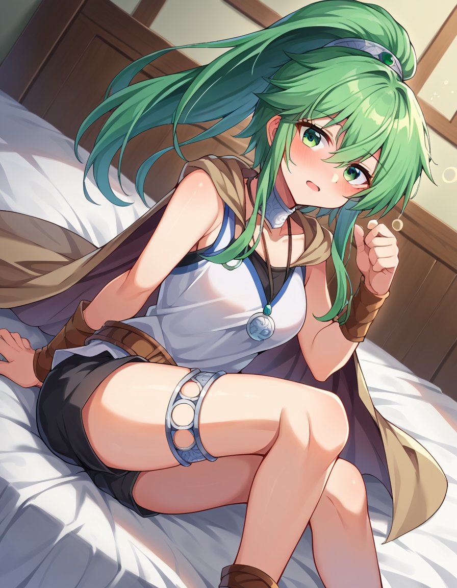 score_9, score_8_up, score_7_up, source_anime,windapriestessofgusto, <lora:winda-priestess-of-gusto-ponyxl-lora-nochekaiser:1>,winda priestess of gusto, green eyes, green hair, long hair, ponytail,choker, cape, brown cape, jewelry, pendant, anklet, black shorts, collarbone, shirt, short shorts, shorts, sleeveless, sleeveless shirt, thighlet, white shirt,indoors, bed, bed room, on side, blush, drunk,looking at viewer, cowboy shot, dutch angle,