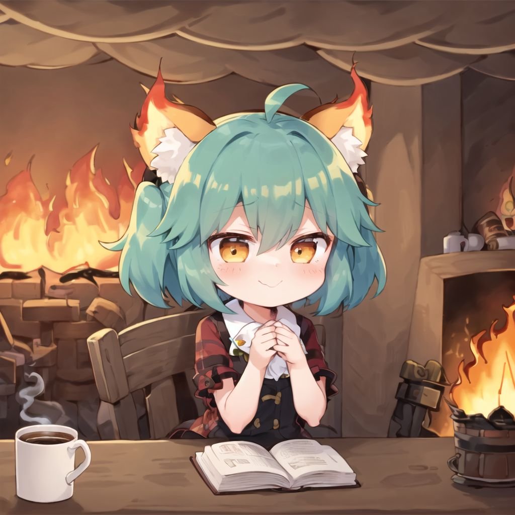 thisisfine, 1girl, cornflower hair, front braid, crossed_arms, table, coffee_mug, steaming coffee, cute, dog_ears, staying positive, (surrounded by flames:1.2), fire, sitting, smoke  <lora:thisisfineV3:0.4>