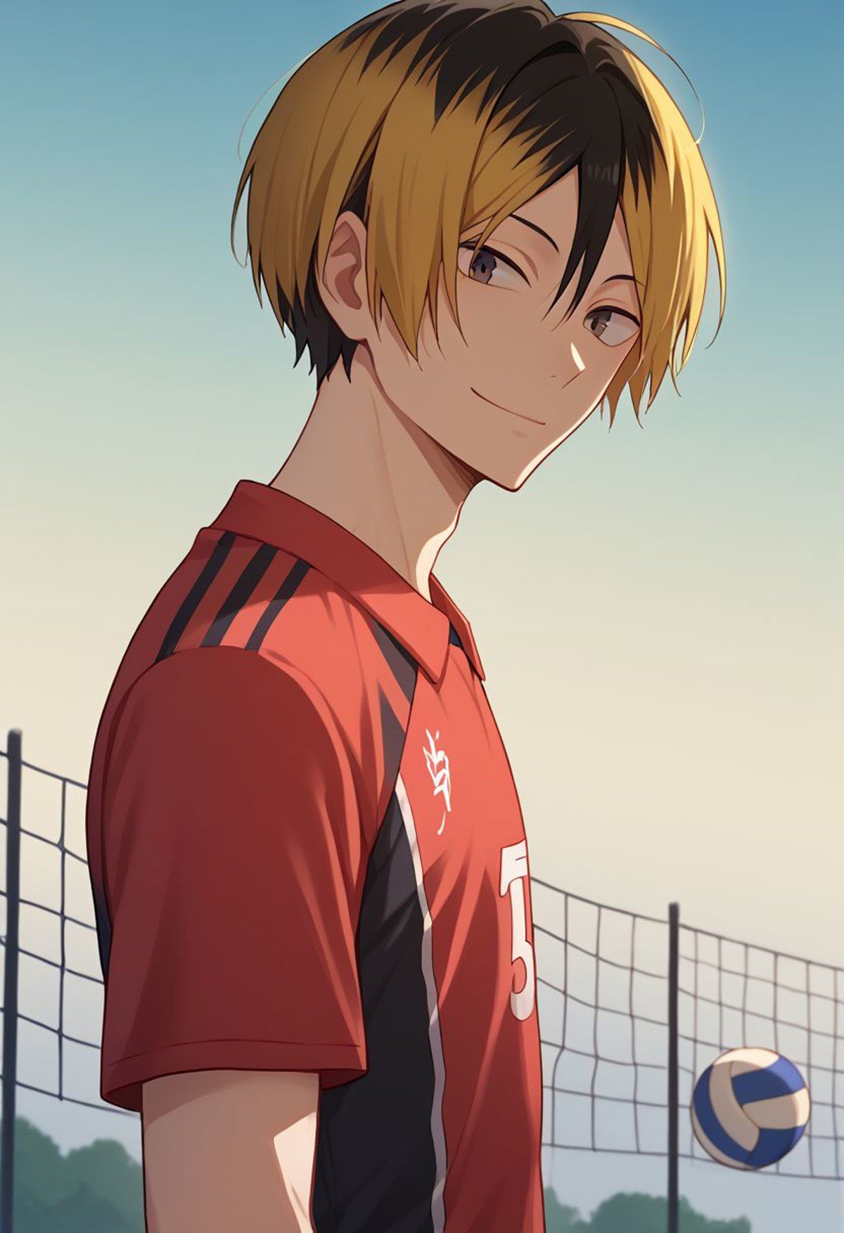 score_9, score_8_up, score_7_up, source_anime, highly detailed, kenma, 1boy, male focus, solo, blonde hair, sportswear, volleyball uniform, multicolored hair, shorts, two-tone hair, black hair, red short, upper body, skinny, slender, short height, smile, looking at viewer,outdoor,