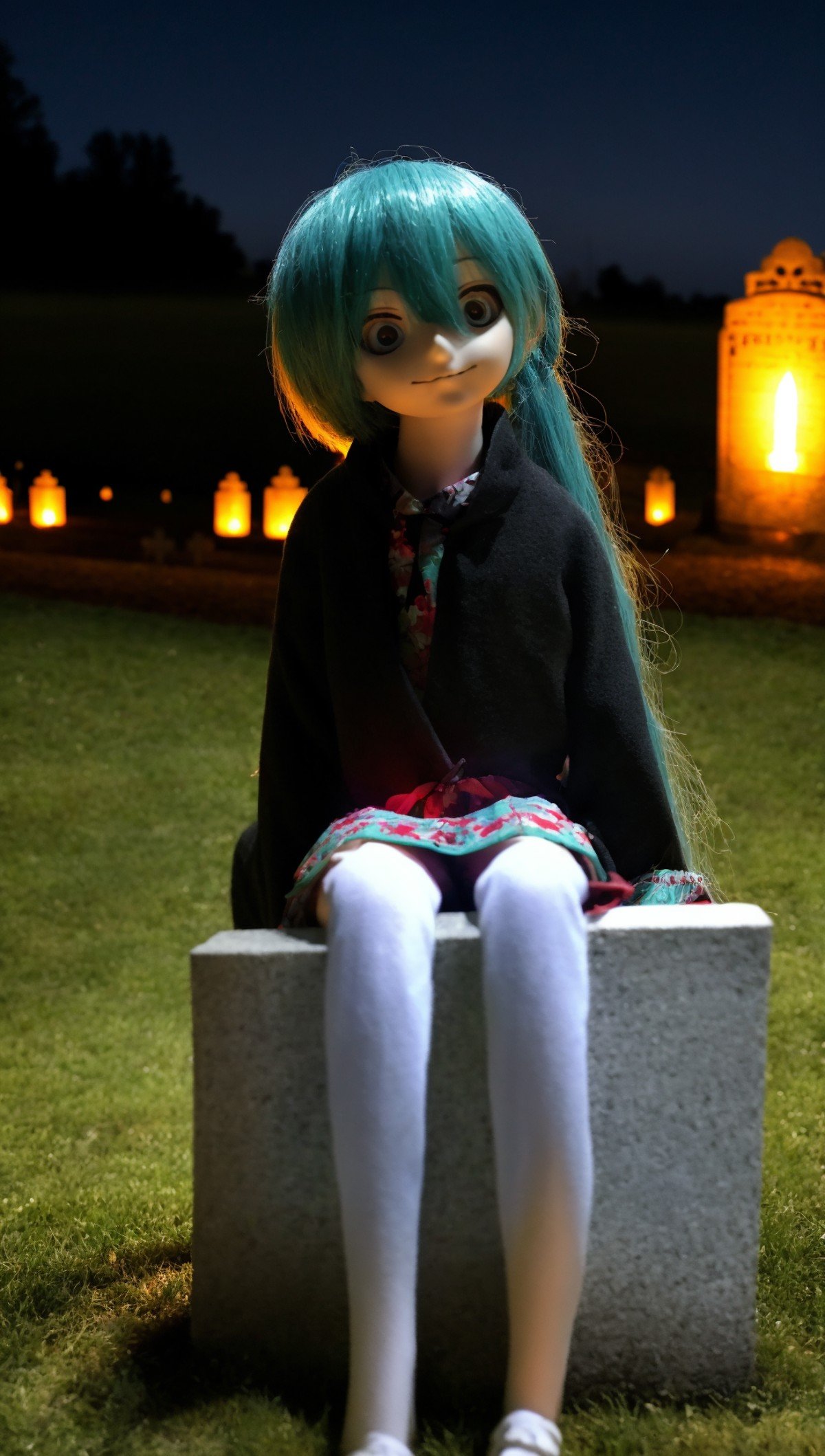 RAW photo creepy miku doll sitting in a graveyard, (narupajin:1.3), bokeh, night, film grain, hatsune miku <lora:narumiku-run8-e32:1>