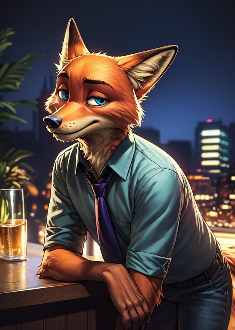 (by Wildering, by Oaks16, by Kenno Arkkan), young solo (nick wilde) grey shirt, jeans, purple stripes necktie, looking at viewer, (half-length portrait), blue eyes, hand on forehead, leaning forward on bar, bent over, three-quarter view, BREAK, colorful cityscape, abstract cityscape, plant, water, night, masterpiece, best quality, light, 4k, 2k, photography, photorealistic, analog style, realistic, photorealism