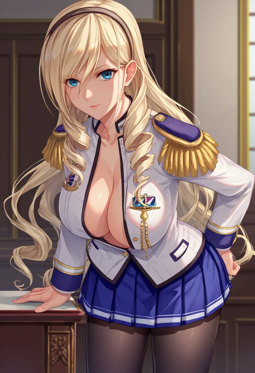 score_9, score_8_up, score_7_up, source_anime, solo, 1girl, celia aintree, seductive smile, looking at viewer, standing, leaning forward, drill hair, hairband, military uniform, open clothes, white shirt, open shirt, epaulettes, long sleeves, blue skirt, pleated skirt, black pantyhose, large breasts, indoors <lora:walkureromanze_aintree_ponyXL:1>