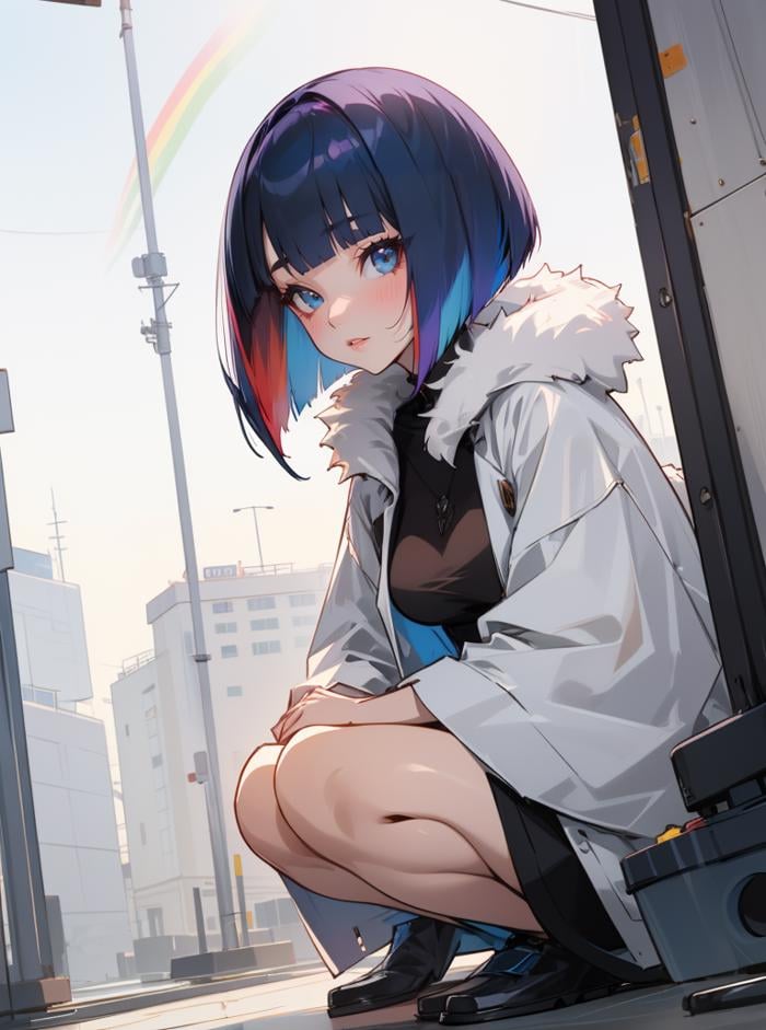 beautiful woman with rainbow gradient hair (sliced_bob) <lora:sliced_bob-2.0:0.6>,8k, masterpiece, highly detailed, solo,(Community Center),oblique angle,crouching,suspicious,fur trimmed coat