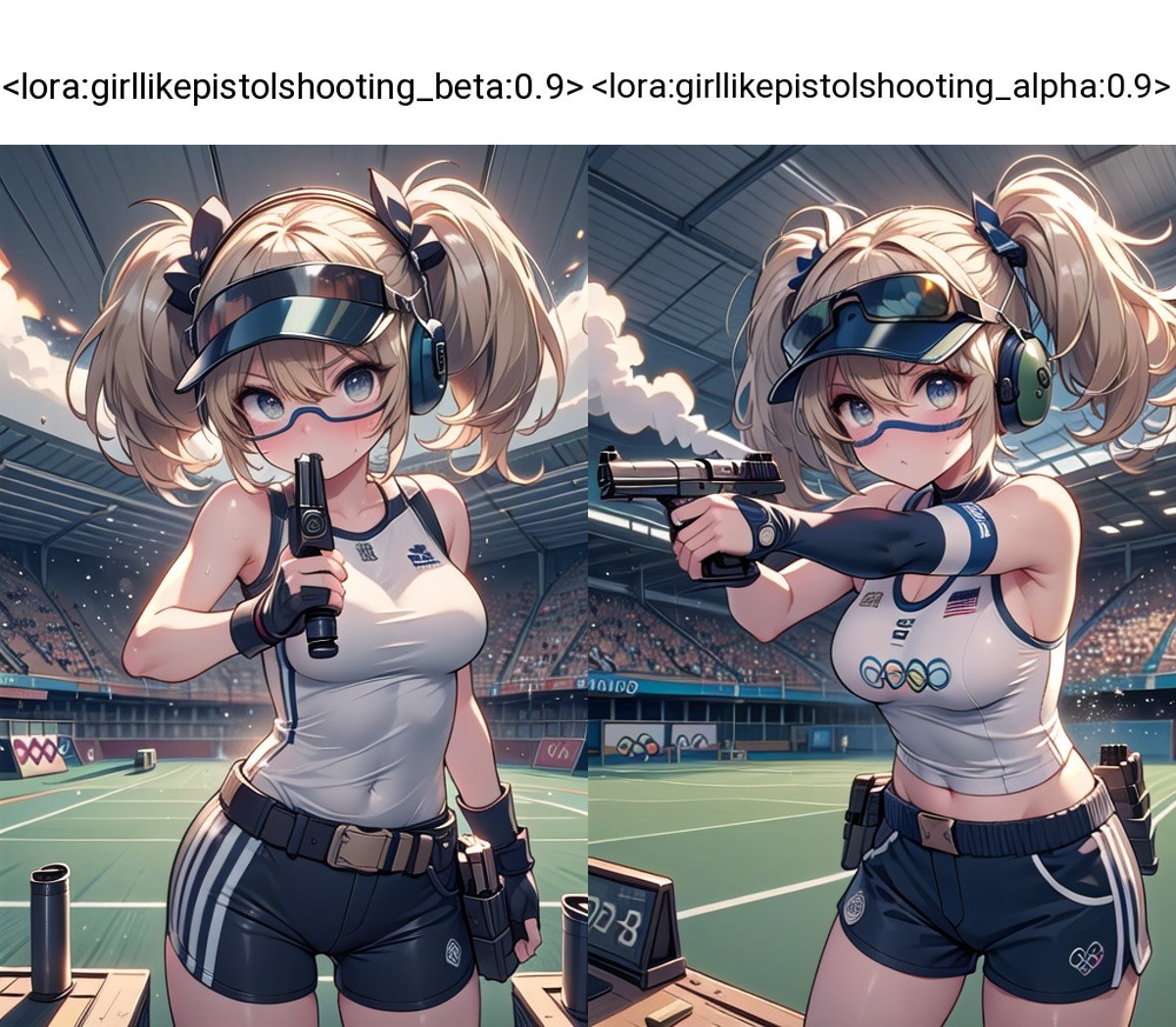 ((pistol shooting)), ((firing range)), (holding air handgun), muzzle flash, aiming at viewer and target, player uniform, sleeveless, sports shorts, ear defenders, fingerless gloves, olympic games venue, wind, steam, sweat, shadow, 1girl, blonde hair, twintails, big tits, facing viewer, pov, standing, visor cap, ((tinted eyewear)), <lora:girllikepistolshooting_beta:0.9>