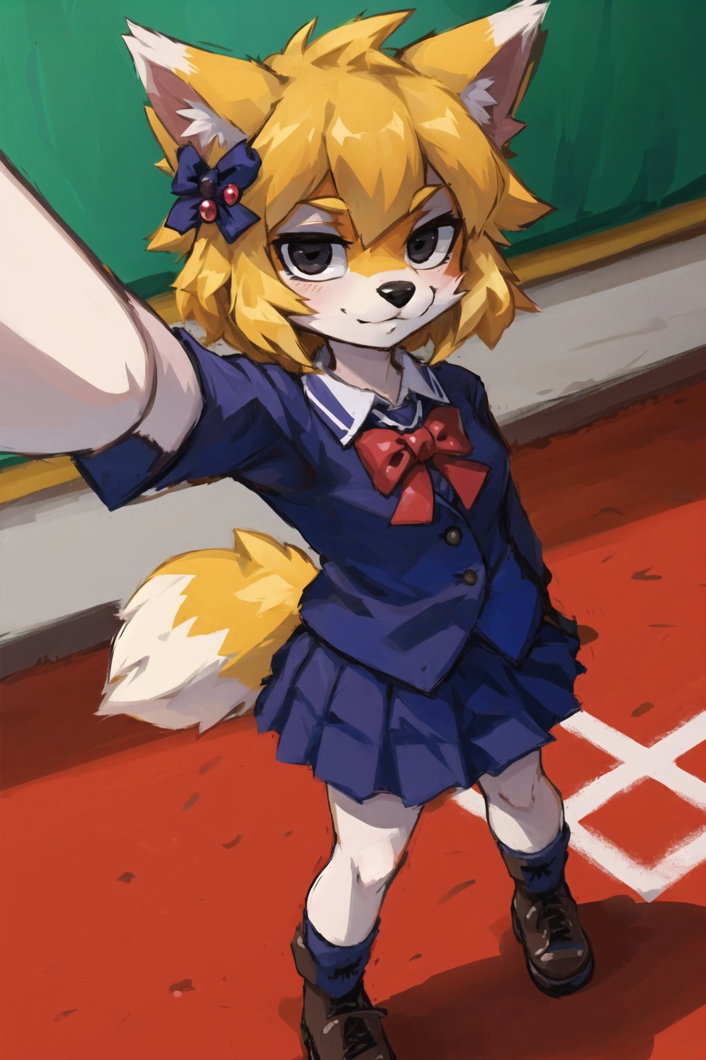 masterpiece, best quality, looking at viewer,black eyes,play groundfurry fox girl,blonde,school uniform,  hair ornament,selfie, 