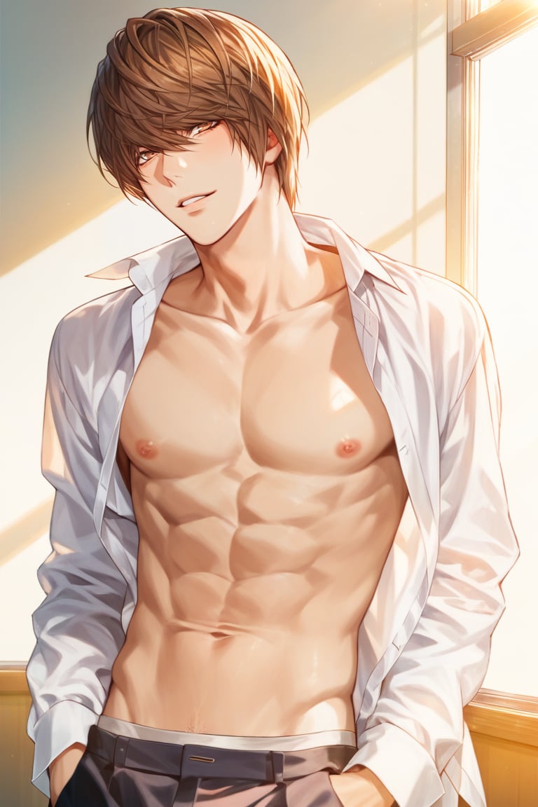 score_9, score_8_up, score_7_up, score_6_up, score_5_up, rating explicit, male focus, 1 boy, 18 years old, sexy, death note, light Yagami from Death Note, brown hair, brown eyes, seductive smile, dark formal shirt, open shirt, highly detailed nipples, japanese school uniform, pants, in school, perfect lighting, amazing quality, best aesthetic, light_yagami, Expressiveh,d34thn0t3<lora:EMS-355670-EMS:1.000000>, <lora:EMS-432973-EMS:0.800000>, <lora:EMS-335737-EMS:1.000000>