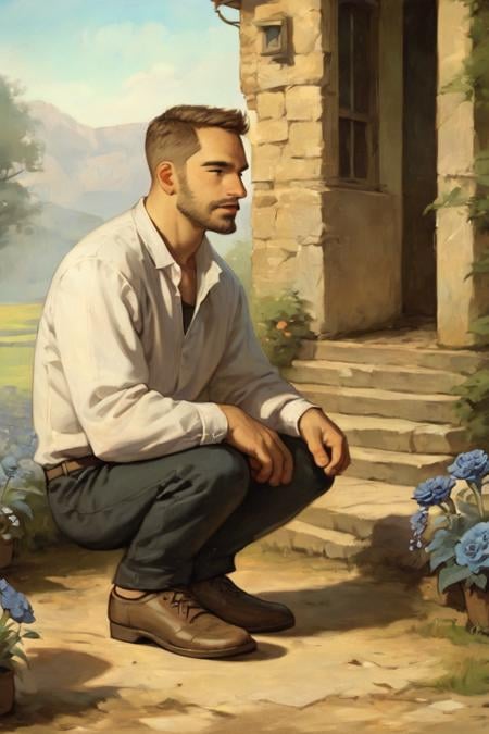 score_9, score_8_up, score_7_up, score_6_up, score_5_up, score_4_up, rating_safe, 1boy, solo, shirt, male focus, outdoors, flower, white shirt, shadow, squatting, facial hair, pants, collared shirt, black pants, grass, long sleeves, short hair, day, black hair, brown hair, blue flower, mustache, shoes, brown footwear, sky <lora:Oil Painting Style XL:1>