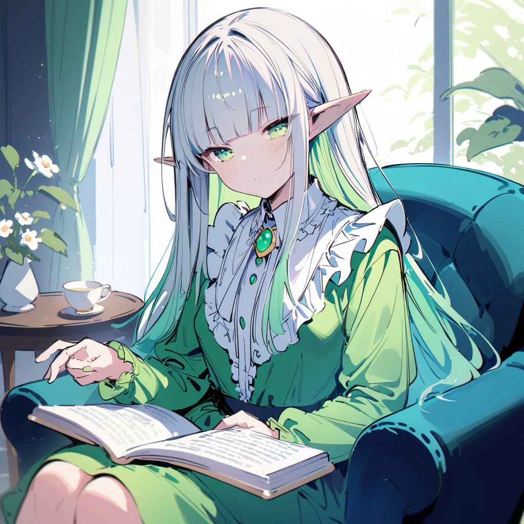 Noyu,sketch,1girl,elf,chibi,long hair,silver hair,green gradient hair,blunt bangs,green eyes,small breasts,green brooch,frilled shirt,long sleeves,dress,sitting,looking at viewer,half-closed eyes,holding book,window,curtains,plant,flower,book,teacup,chair,sofa,open book,paper,masterpiece,bestquality,onnk,line art,line style,Depth of field,(colorful),