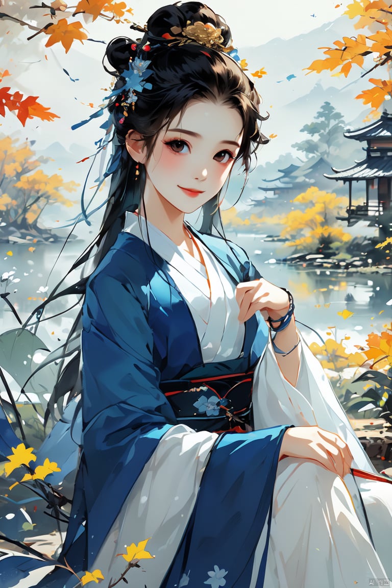 (Masterpiece), (best quality), illustrations, super detailed, HDR, depth of field, (color), loli, 1 girl, solo, maple leaf, autumn leaf, smile, leaf, holding a leaf, looking at the audience, blurry, Hanfu, bun, simple hair accessories, bracelet, Hanfu<lora:EMS-399285-EMS:1.000000>