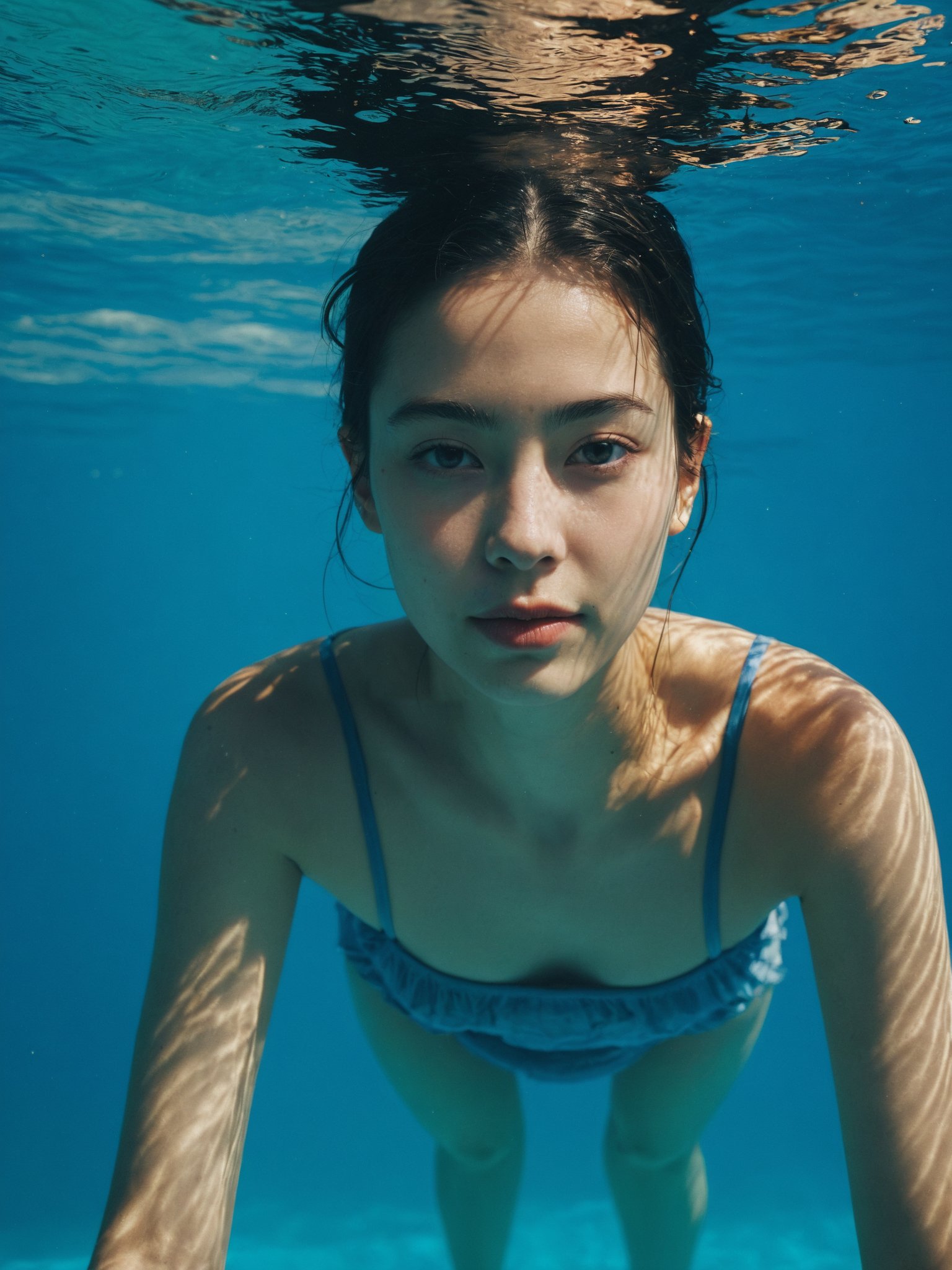 1girl under water cleavage lens flare shadow sun light rim light (realistic, photo by Ryan McGinley),evil smile,