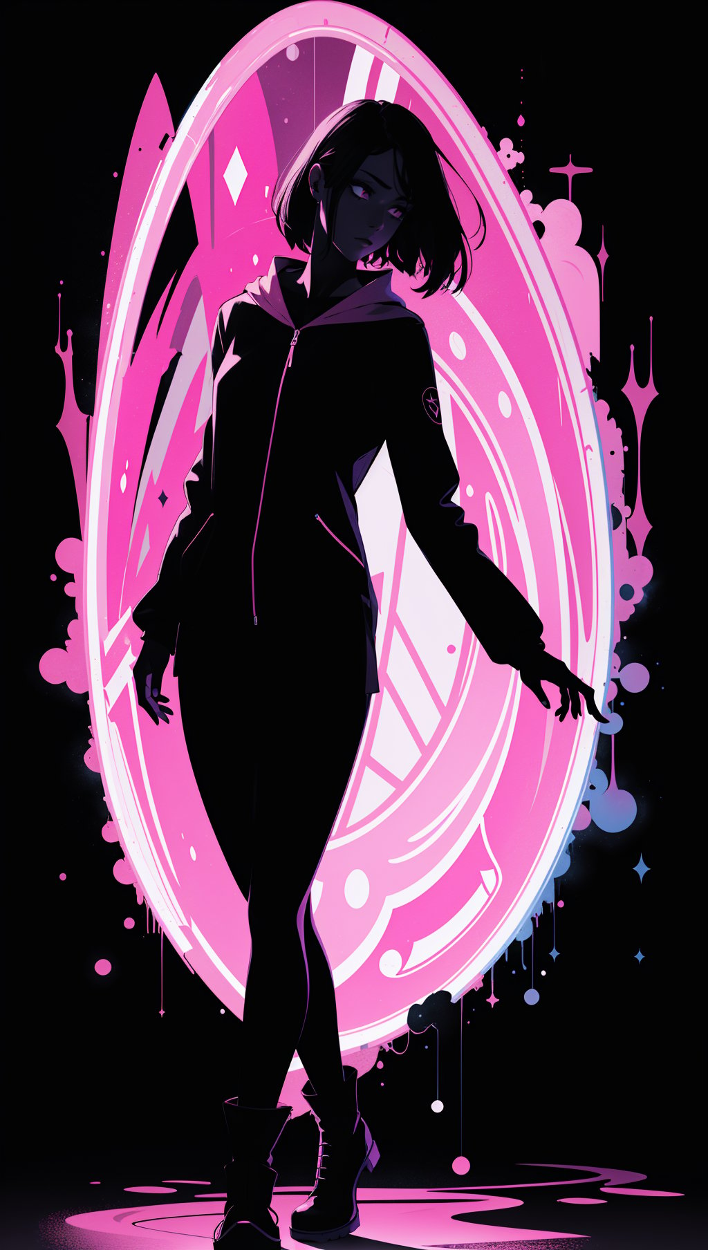 (silhouette:1.25),woman,dark background,blacklight,mid shot,full body,somber expression,looking down,dark energy,vibrant magenta,portal to another world,flat color,flat shading,ultra realistic,highres,superb,8k wallpaper,extremely detailed,intricate,limited palette,pink,