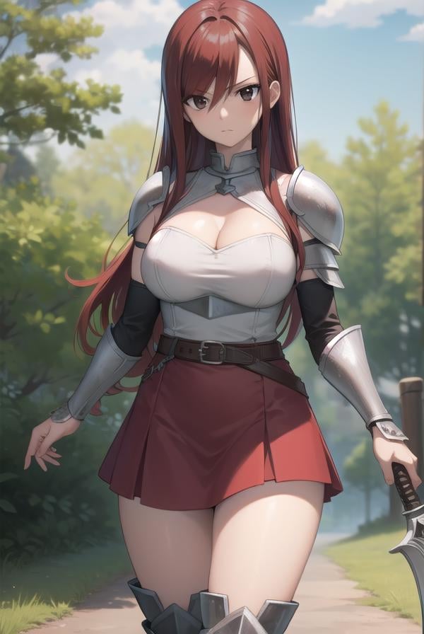 erzascarlet, <lora:erza scarlet v2-lora-nochekaiser:1>,erza scarlet, long hair, (red hair:1.5), hair between eyes, (brown eyes:1.7),BREAK skirt, thighhighs, cleavage, boots, belt, sword, cape, armor, gauntlets, armored boots, greaves, knight,BREAK outdoors, forest, nature, sky, sun, clouds, trees, grass,BREAK looking at viewer,BREAK <lyco:GoodHands-beta2:1>, (masterpiece:1.2), best quality, high resolution, unity 8k wallpaper, (illustration:0.8), (beautiful detailed eyes:1.6), extremely detailed face, perfect lighting, extremely detailed CG, (perfect hands, perfect anatomy),