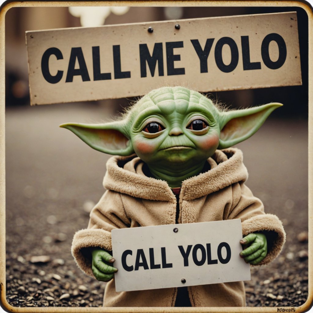 analog film photo photo of baby yoda with a sign saying "call me yolo" . faded film, desaturated, 35mm photo, grainy, vignette, vintage, Kodachrome, Lomography, stained, highly detailed, found footage