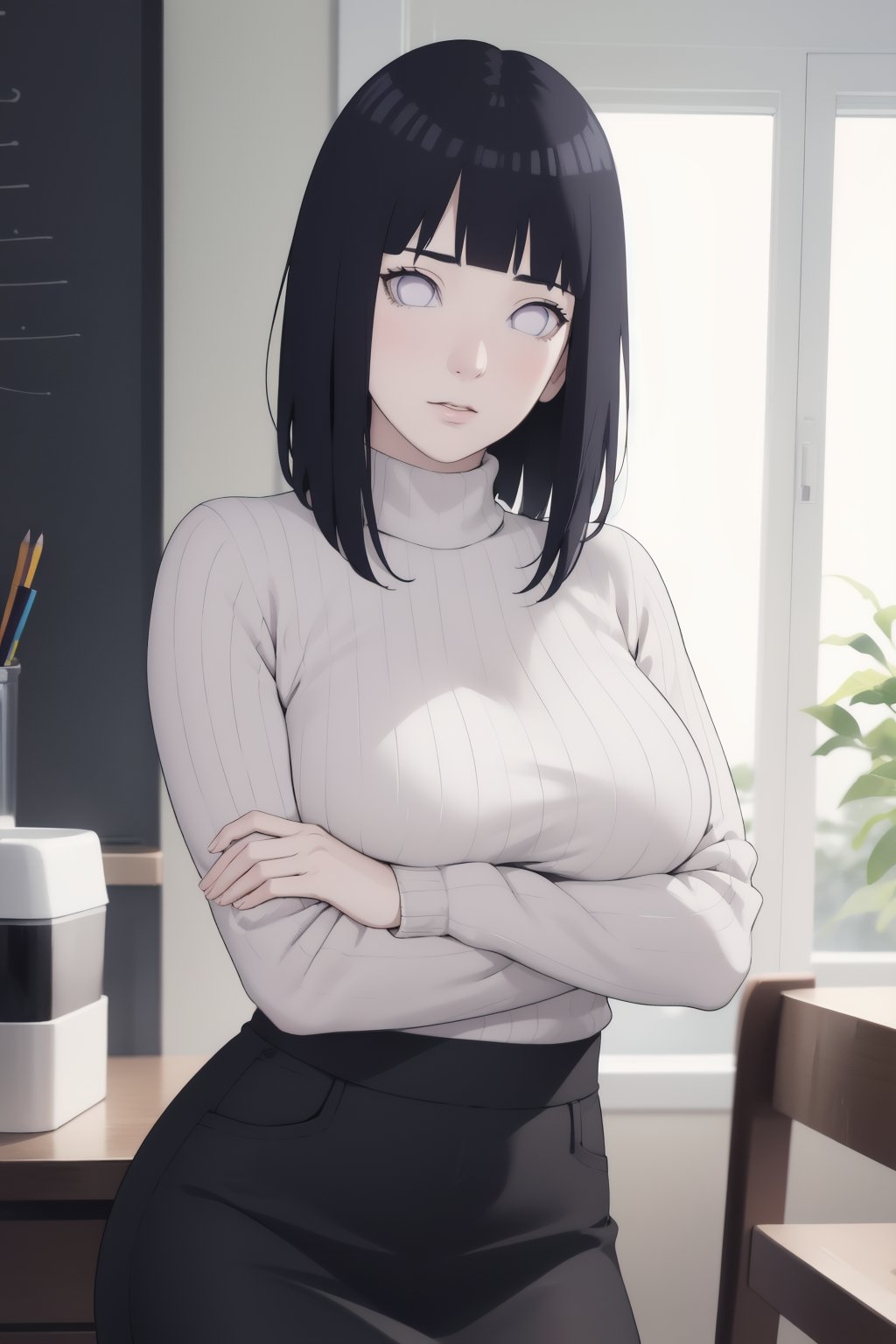 hinata\(boruto\),1girl,breast hold,denim,large breasts,long hair,looking at viewer,nose,pencil skirt,photo \(medium\),realistic,ribbed sweater,skirt,solo,sweater,<lora:lbc_Hyūga Hinata_Naruto24324_v1.0:1>,