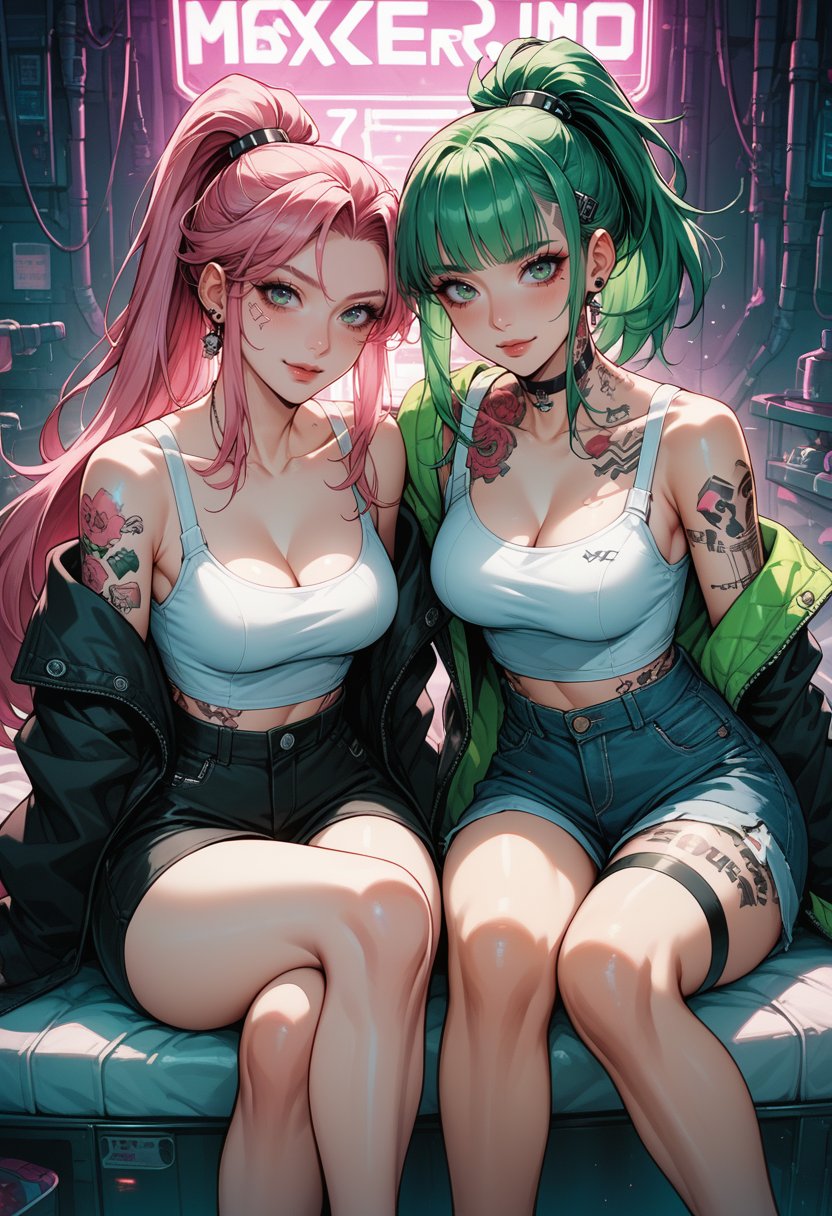 score_9, score_8_up, score_7_up, source_anime, 2girls, looking at viewer, dark lighting, long hair, punk, tattoo, high ponytail, cyberpunk environment, pink hair, green hair, sitting in a mess room, cute face, anime style