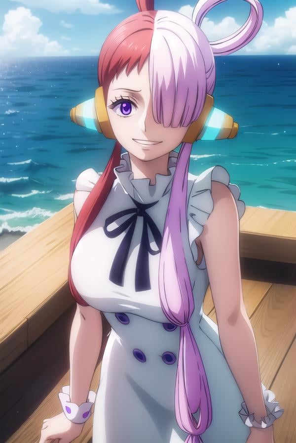 onepieceuta, <lora:uta red movie-lora-nochekaiser:1>,uta, long hair, (purple eyes:1.1), white hair, red hair, multicolored hair, (hair over one eye:1.5), two-tone hair, split-color hair, hair rings, sidelocks, smile, grin,BREAK dress, ribbon, jewelry, white dress, headphones,BREAK outdoors, ocean,  boat,BREAK looking at viewer, (cowboy shot:1.5),BREAK <lyco:GoodHands-beta2:1>, (masterpiece:1.2), best quality, high resolution, unity 8k wallpaper, (illustration:0.8), (beautiful detailed eyes:1.6), extremely detailed face, perfect lighting, extremely detailed CG, (perfect hands, perfect anatomy),