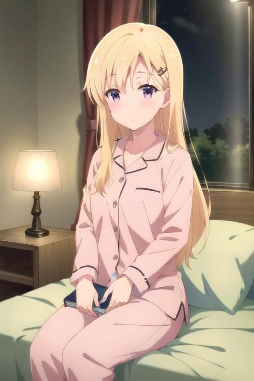 (masterpiece),ayase saki, 1girl, solo, long hair, purple eyes, blonde hair, pajamas, hair ornament, looking at viewer, night, long sleeves, book, sitting, pillow, blush, lamp