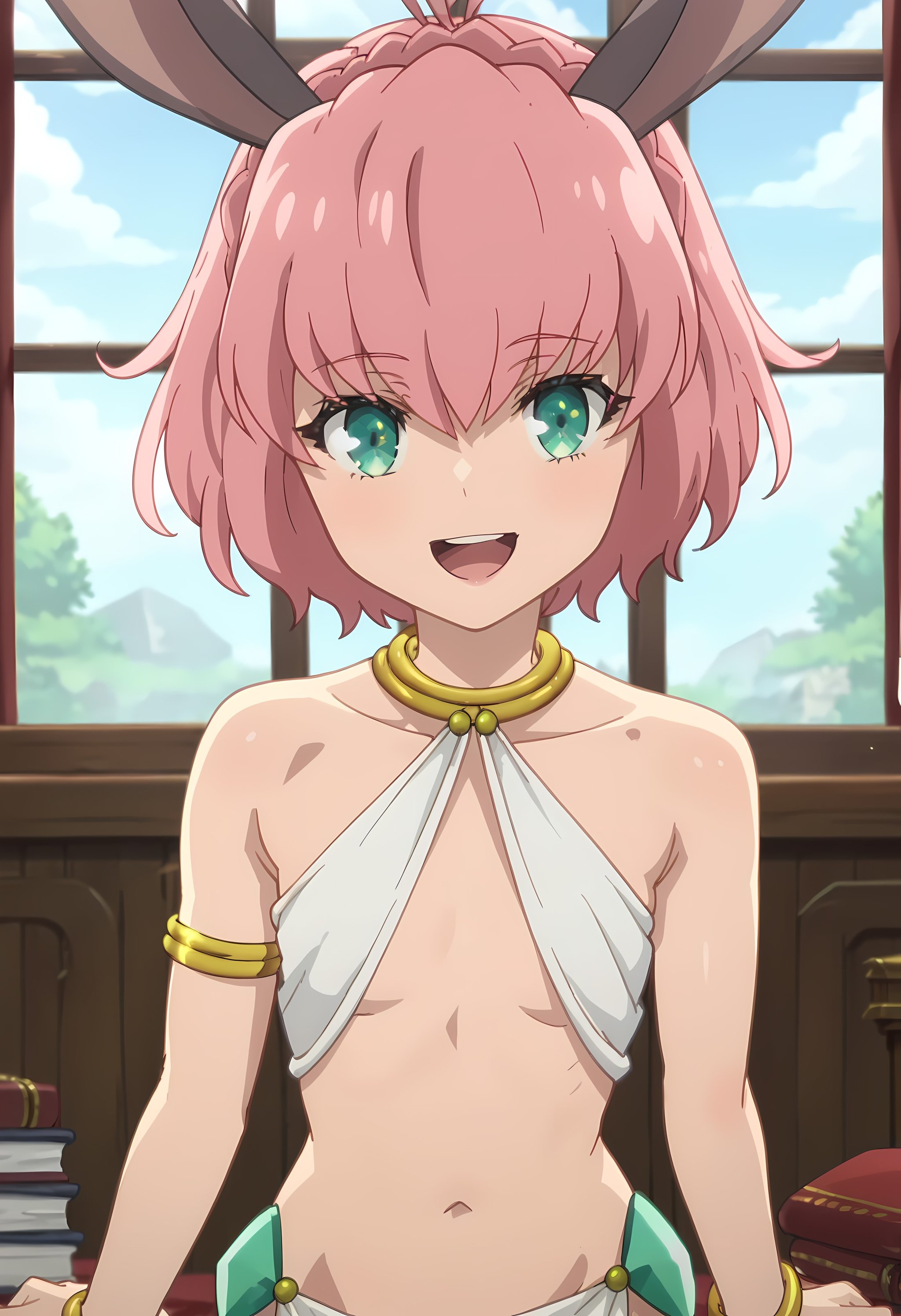 score_9, score_8_up, score_7_up, source_anime, 2d, Sylvie, 1girl, pink hair, short hair, green eyes, rabbit ears, white robe, very small breasts, golden jewelry, green ornament, anime coloring, anime screencap, detailed eyes, zPDXL, perfect faces, uncensored, rating_explicit <lora:sylvie_1-000045:1> , smile, open mouth 