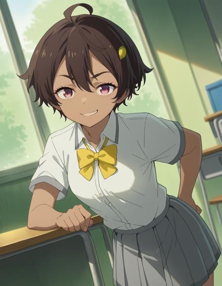 score_9, score_8_up, score_7_up, source_anime, <lora:lemon-yakishio-alpha-ponyxl-lora-nochekaiser:1>, lemon yakishio, short hair, brown hair, ahoge, pink eyes, hair clip, hair between eyes, dark skin, dark-skinned female, skirt, shirt, bow, school uniform, white shirt, short sleeves, pleated skirt, bowtie, yellow bow, grey skirt, yellow bowtie, green bow, green bowtie,, indoors, bent over, smile, smug, looking at viewer, solo,, cowboy shot, dutch angle