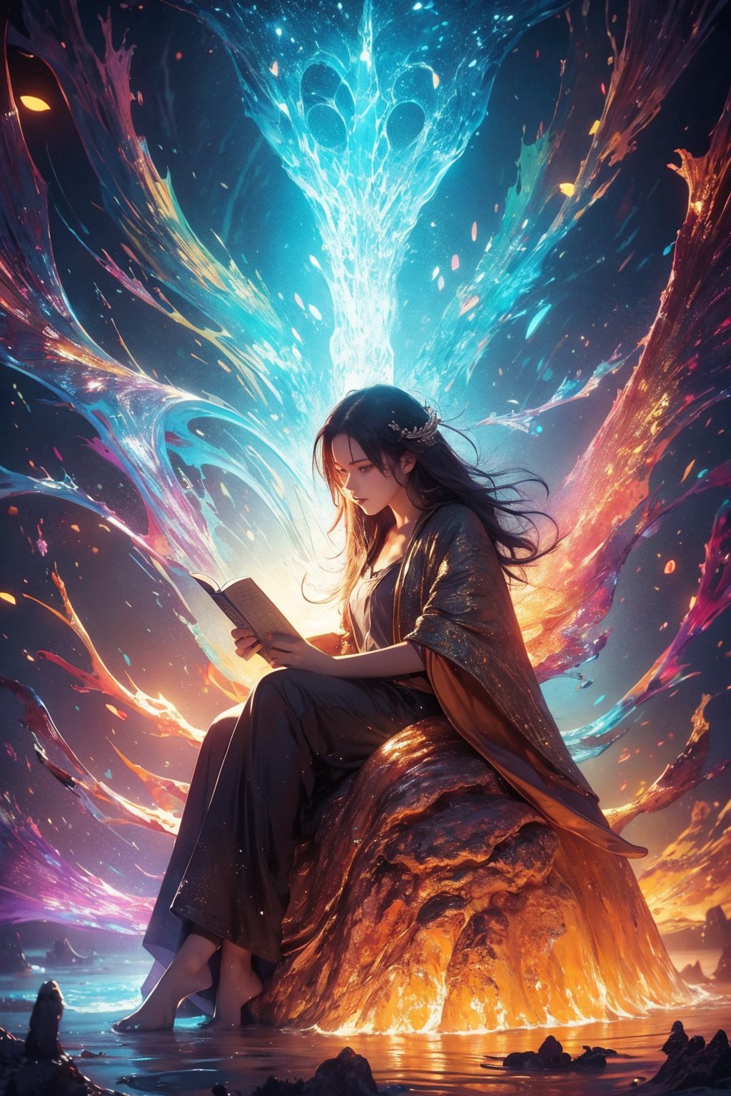 masterpiece,best quality,ultra high res,1girl,tashan,colorful,<lora:踏山听海【炫彩】-v1:0.7>,An aspiring writer who spends their free time reading and observing people.,Amber theme,fantasy,