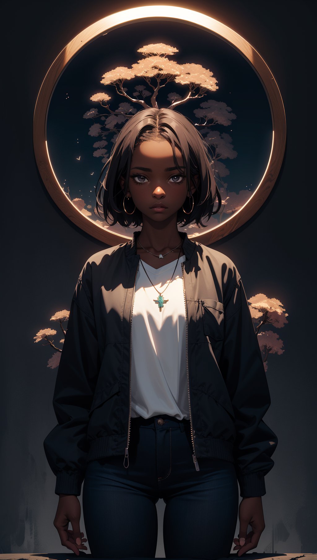 masterpiece,best quality,ultra high res,dark skinned African girl,(fractal art:1.3),deep shadow,dark theme,fully clothed,necklace,forlorn,cowboy shot,