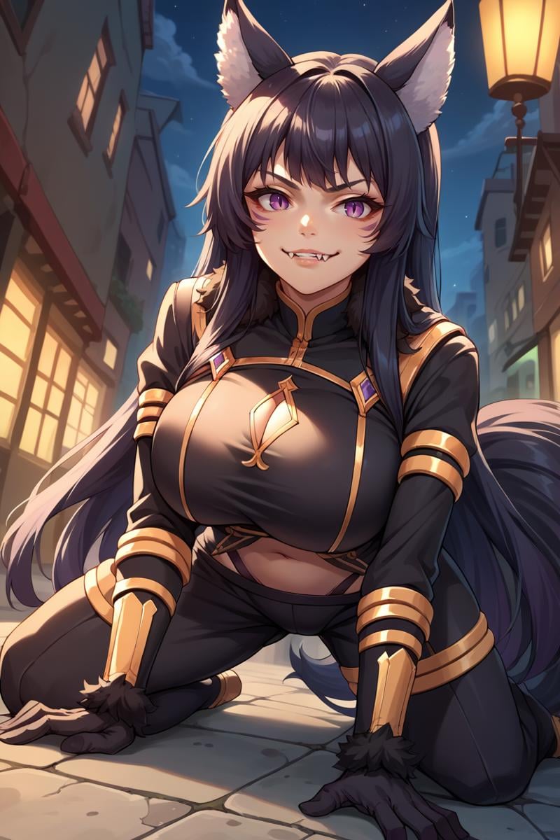 score_9, score_8_up, score_7_up, score_6_up, source_anime, 1girl, solo,  <lora:delta-pdxl-nvwls-v1-000005:1> delta, black hair, long hair, wolf ears, facial mark, black bodysuit, long sleeves, cleavage cutout, gold trim, navel, black gloves, fur trim, black pants, tail, all fours, looking at you, smirk, fangs, big breasts, night sky, city, alleyway