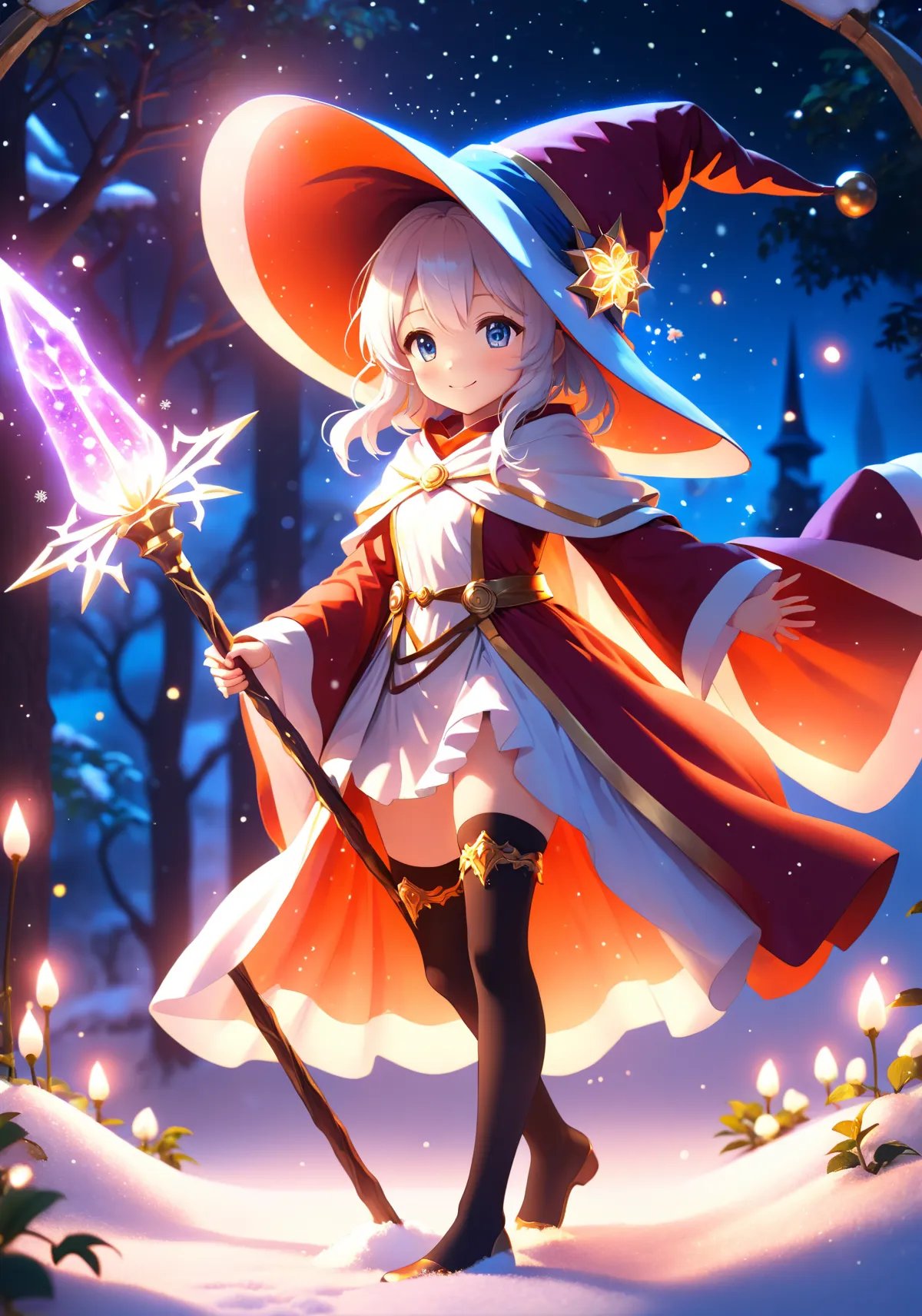 anime, cute girl, wizard hat, robe, thigh-highs, holding ancient staff, happy, midnight, bloom, ambient occlusion, glow, glowing lights, light particles, transparent, translucent, bokeh, depth of field, snow, wind