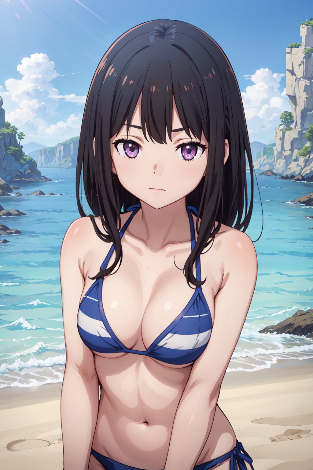 takina, 4k, absurd, high resolution, very high resolution, high definition, masterpiece, upper body, (bikini: 1.2), beach, v-arms<lora:EMS-361546-EMS:0.500000>