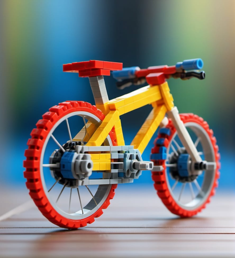 Lego pixel art,lego,bicycle,toy,orange wheels,red wheels,yellow frame,blue background,close-up,macro photography,detailed,creative,plastic,structure,model,building blocks,colorful,toy bike,design,construction,focus on foreground,blurred background,vibrant colors,<lora:微型像素-000009:0.6>,