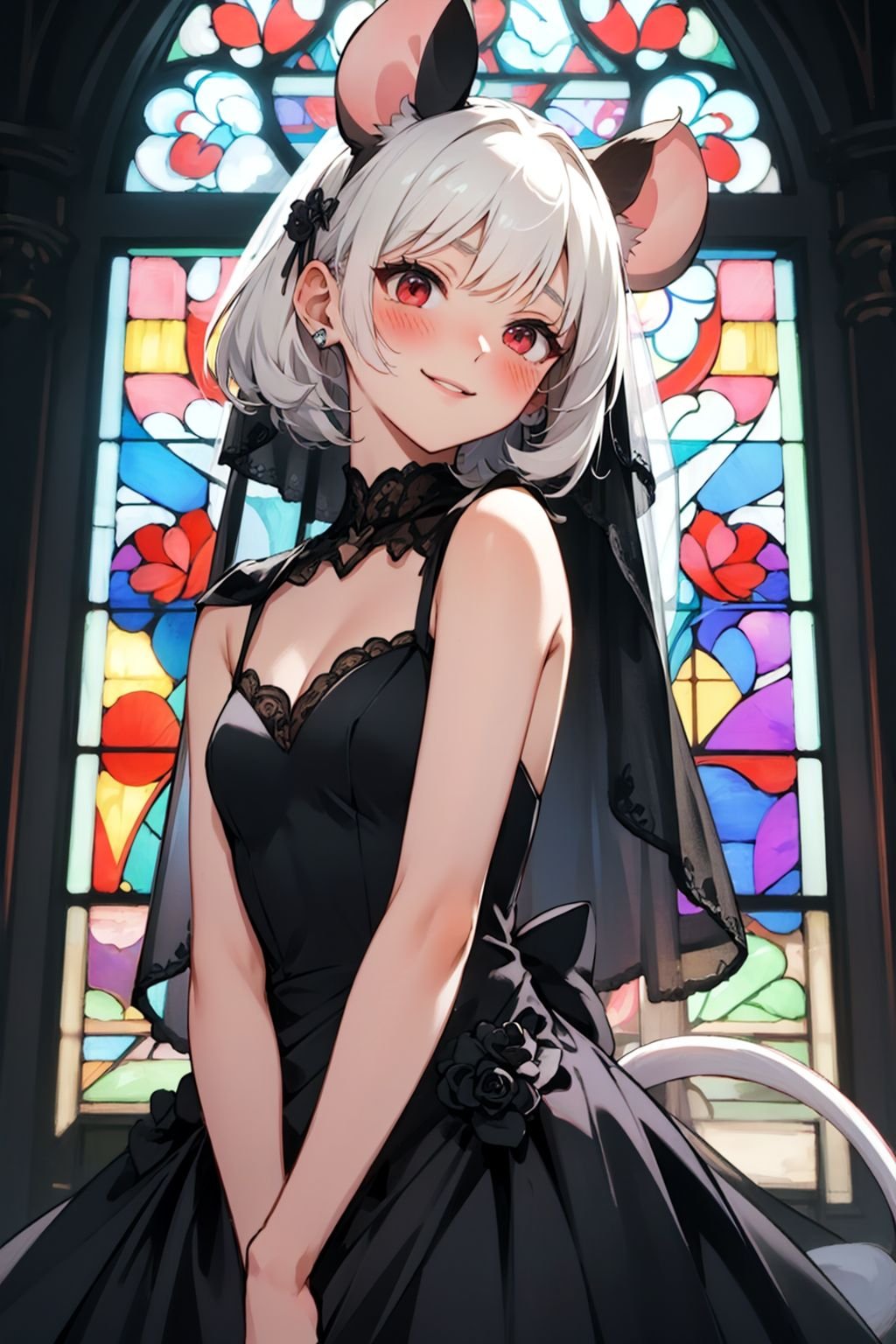 (Masterpiece:1.3), (best quality:1.2), (detailed background:1.1), (intricate details:1.1), (detailed background:1.2), 1girl, solo, (soft skin:1.2), soft lips, short white hair, mouse ears, (mouse tail:1.2), red eyes, small breasts, (nervous:1.2), (blush:1.3), smile, (black wedding dress:1.2), (black wedding veil:1.1), dark church, stained glass window, outdoors, nighttime