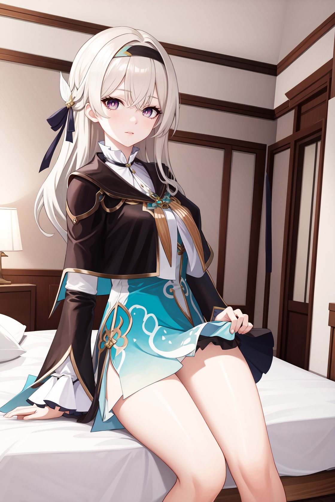 <lora:流萤10-000010:0.75>,liuying,bangs,long sleeves,hair ornament,black capelet,high quality,green dress,bare legs,indoors,bedroom,indoors,detailed face,, 1girl,,  (masterpiece,best quality:1.2),absurdres