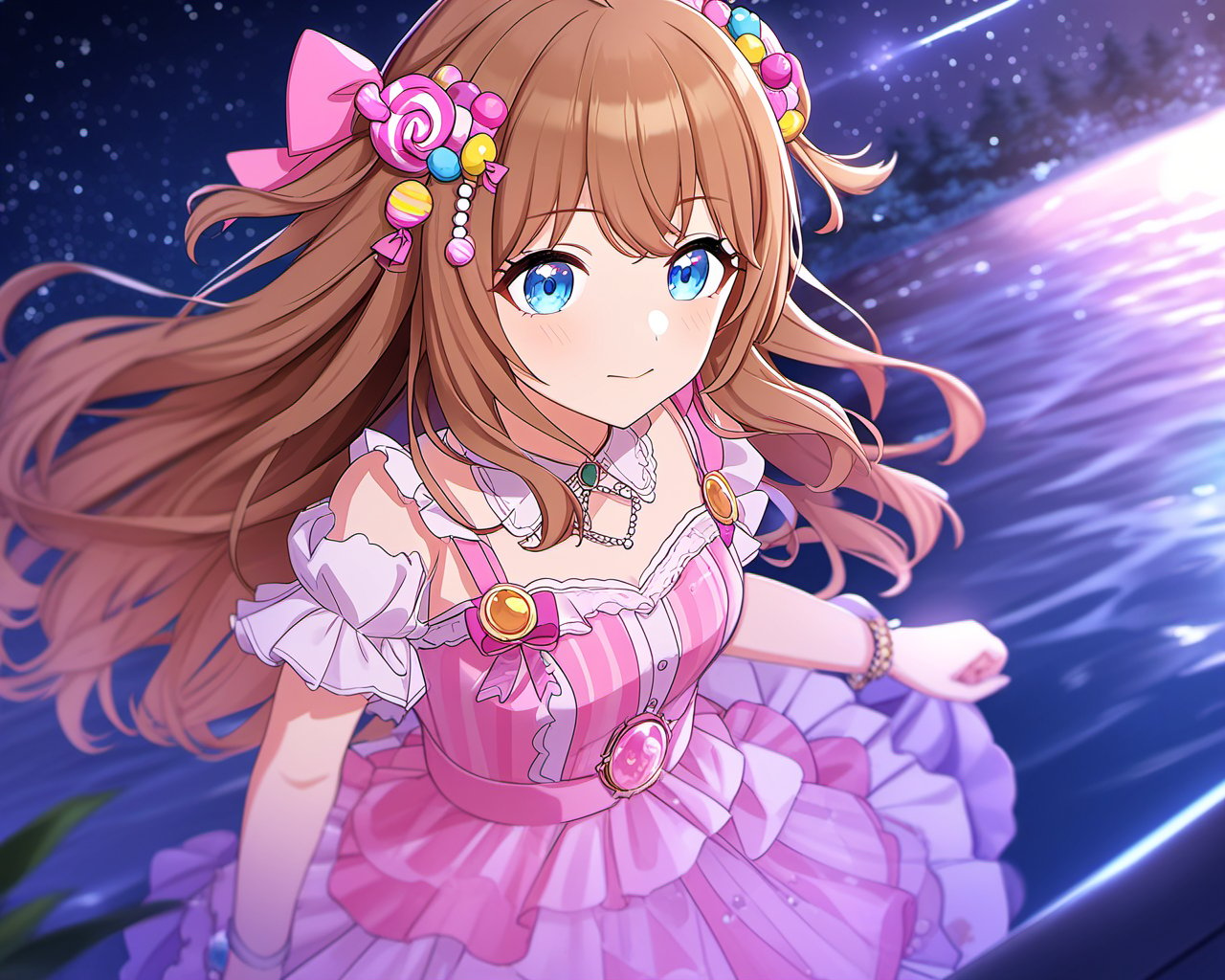 very aesthetic,aesthetic,amazing quality,best quality,hight,hight quality,masterpiece,highres BREAKbeautiful eyes,luminous eyes,gentle eyes,1girl,solo,cowboy shot,disdain,Volumetric Lighting,Cinematic Lighting,motion_blur,depth of field,1girl,blue eyes,brown hair,long hair,ahoge,hair ornament,candy hair ornament,multicolored dress,multicolored clothes,food-themed hair ornament,pink hairbow,bracelet,detachedsleeves,glow,night,stars_(sky),moon,water,glass floor,flowers around,vision,dynamic angles,Hazy light,Floodlight,falling star,fantastic,dreamy,blush,upper_body,dutch angle,from above,beautiful water,beautiful sky,stars_(sky),(forest),Light effects,Optical particle,Luminous,High brightness contrast,snclstyle,blurry,blurry_foreground,depth_of_field,dreaming,fingersmile,<lora:jiaran-asoul-a3a-000008:0.4>,<lora:snclstyle-A3:1>,