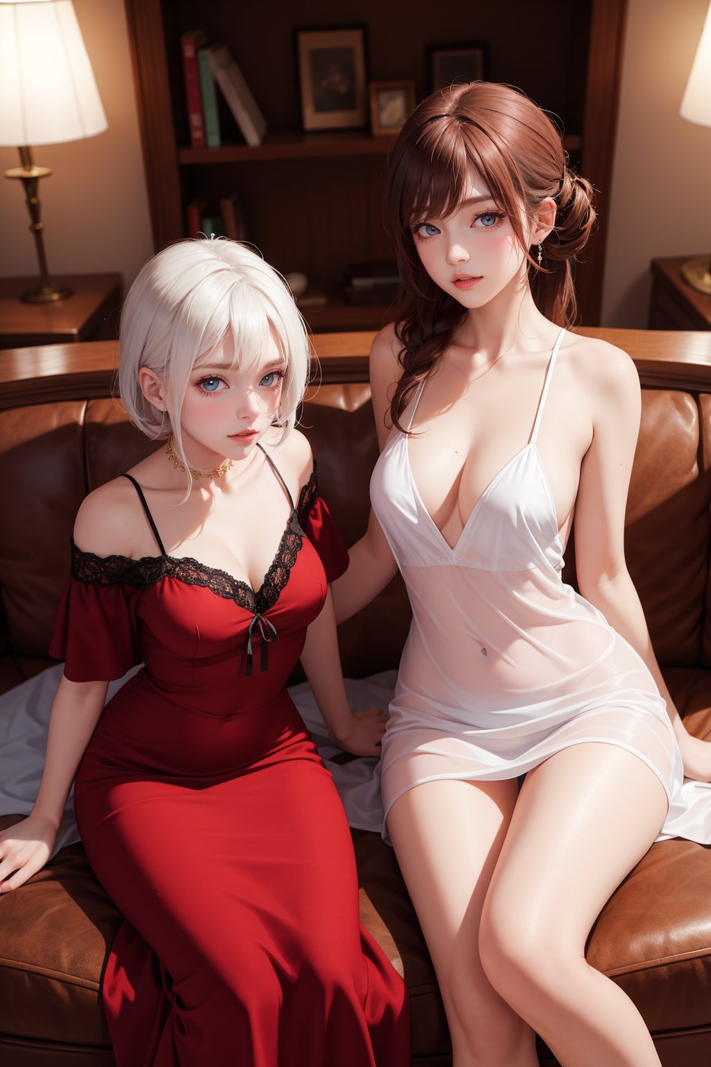 2girls,cowboy shot,sitting on couch,lazy,nightgown,silk,see-through,BREAK a red hair girl in white dress,BREAK a white hair girl in red dress,