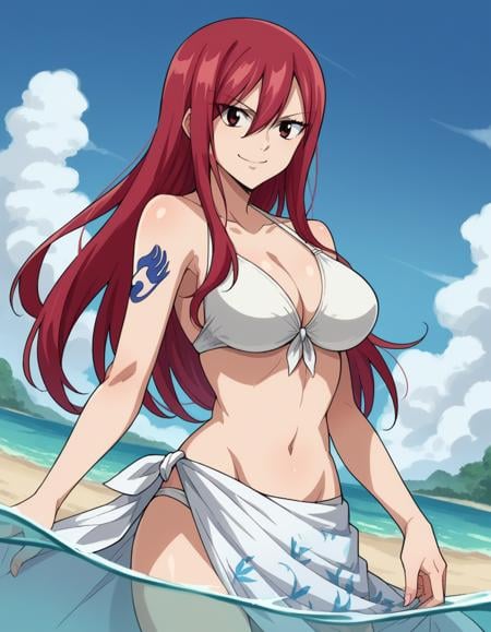 score_9, score_8_up, score_7_up, source_anime,erzascarlet, <lora:erza-scarlet-ponyxl-lora-nochekaiser:1>erza scarlet, long hair, red hair, hair between eyes, brown eyes,navel, swimsuit, bikini, tattoo, white bikini, sarong,outdoors, beach, partially submerged, smile,looking at viewer, dutch angle, cowboy shot