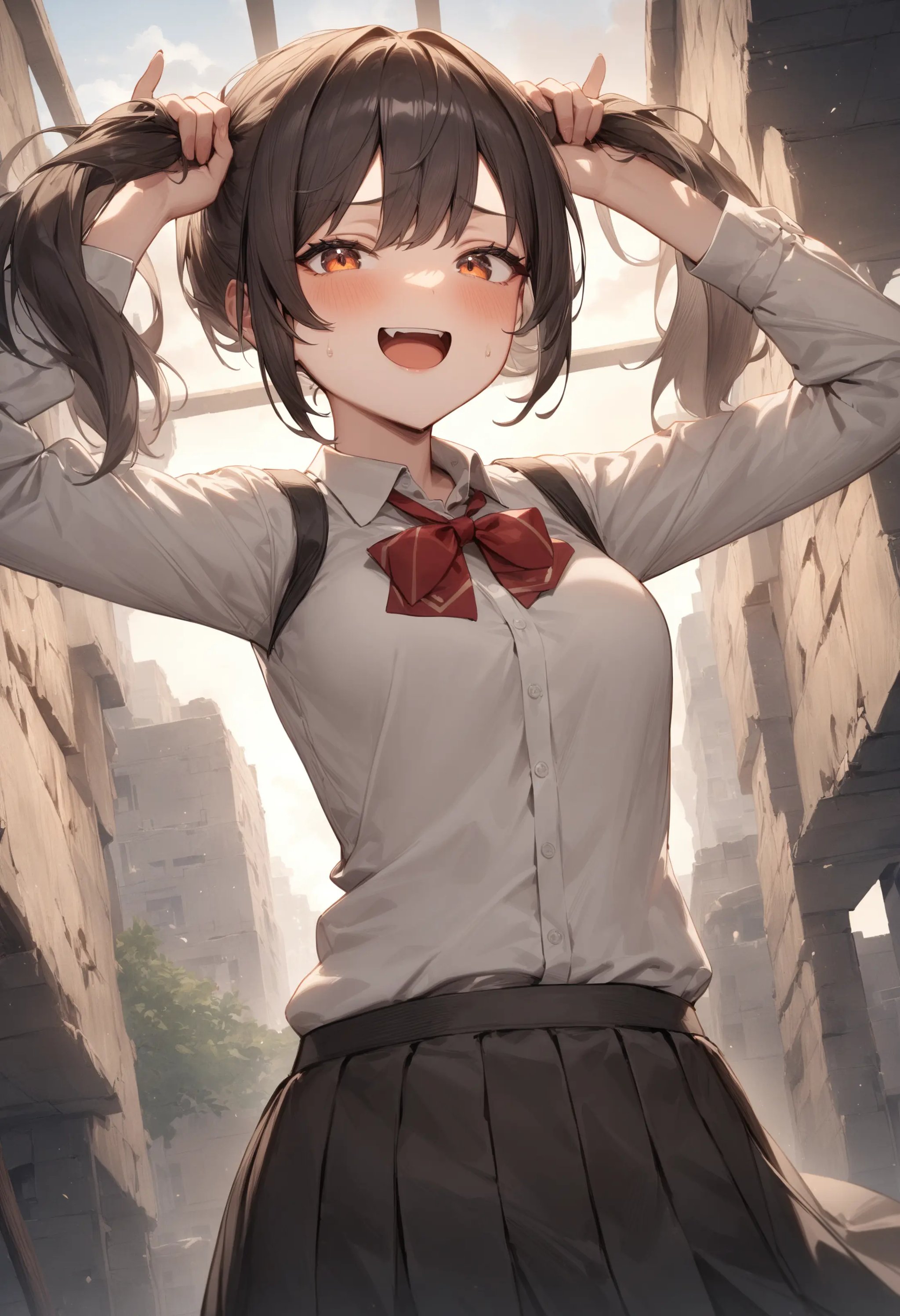 1girl, <lora:sdxl2-flat2-512b:-1>,medium breasts,school uniform,bunching hair,<lora:bunchinghair_XL_v1:0.8>ceiling, cinematic angle, looking at viewer, smug face, roads in the ruin, open mouth,masterpiece, best quality, very aesthetic, absurdres