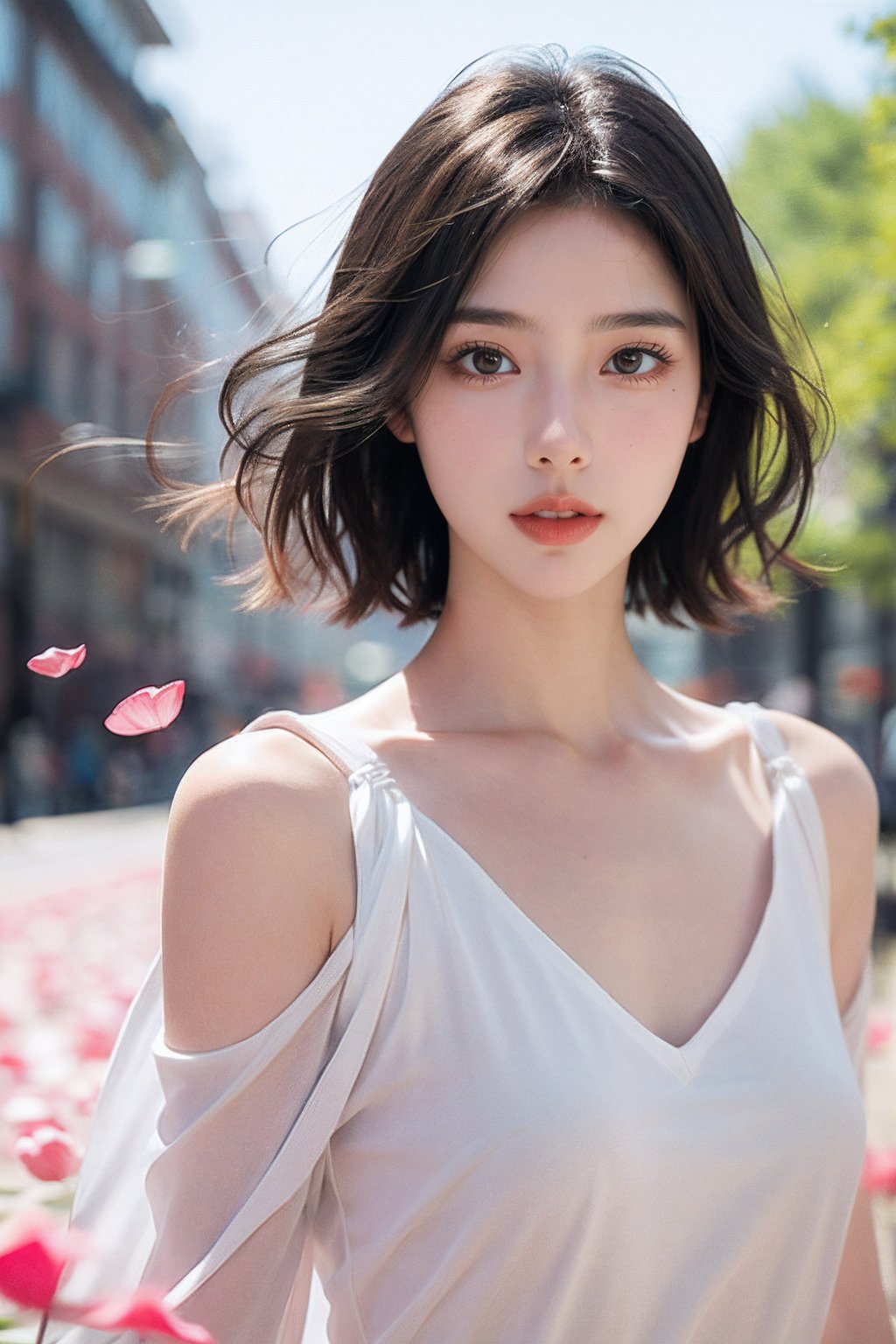 1girl,solo,long hair,realistic,lips,parted lips,upper body,blurry background,floating petals,jitome,cute,short hair